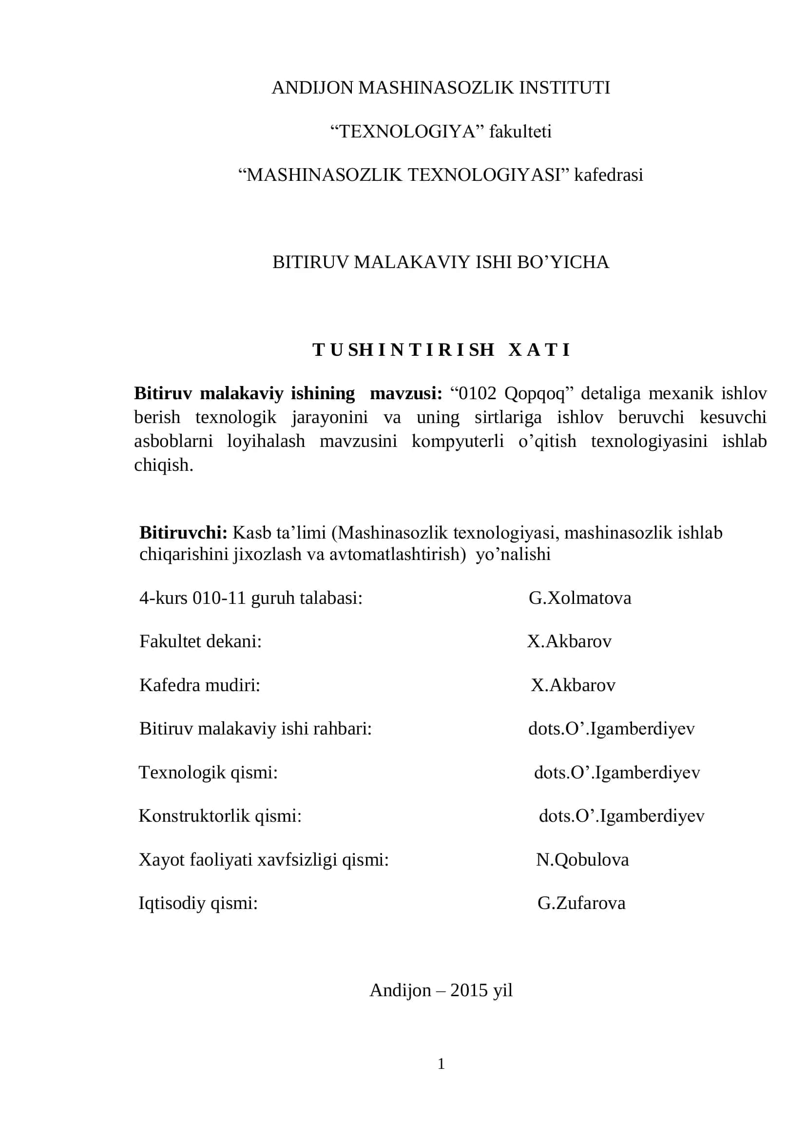 BITIRUV MALAKAVIY ISHI BO’YICHA T U SH I N T I R I SH X A T I 1