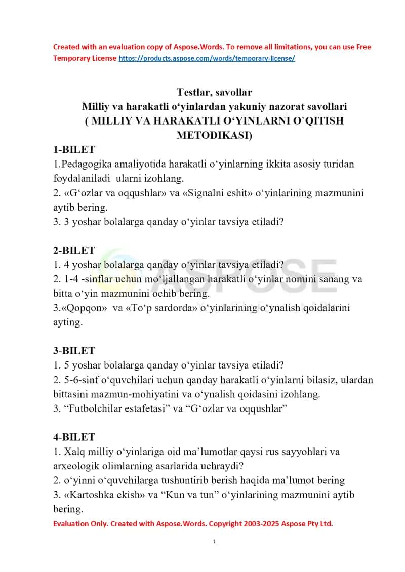 Milliy va harakatli o‘yinlarni o‘qitish metodikasi: yakuniy nazorat savollari 1