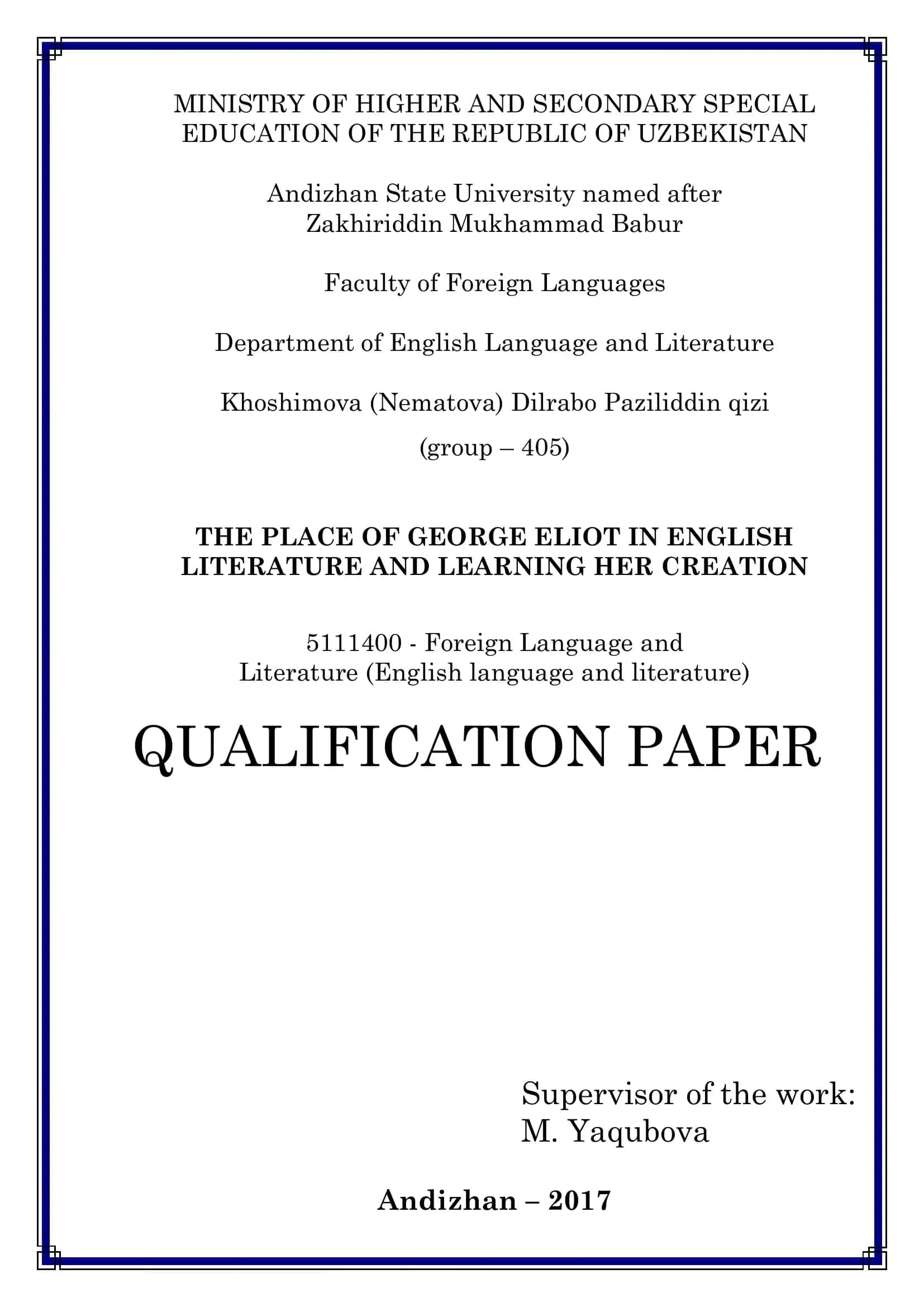 THE PLACE OF GEORGE ELIOT IN ENGLISH LITERATURE AND LEARNING HER CREATION 1