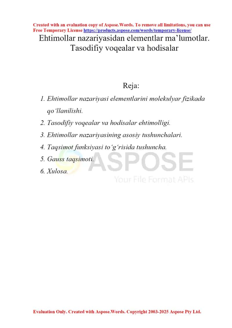 Ehtimollar nazariyasidan elementlar ma’lumotlar. Tasodifiy voqealar va hodisalar 1