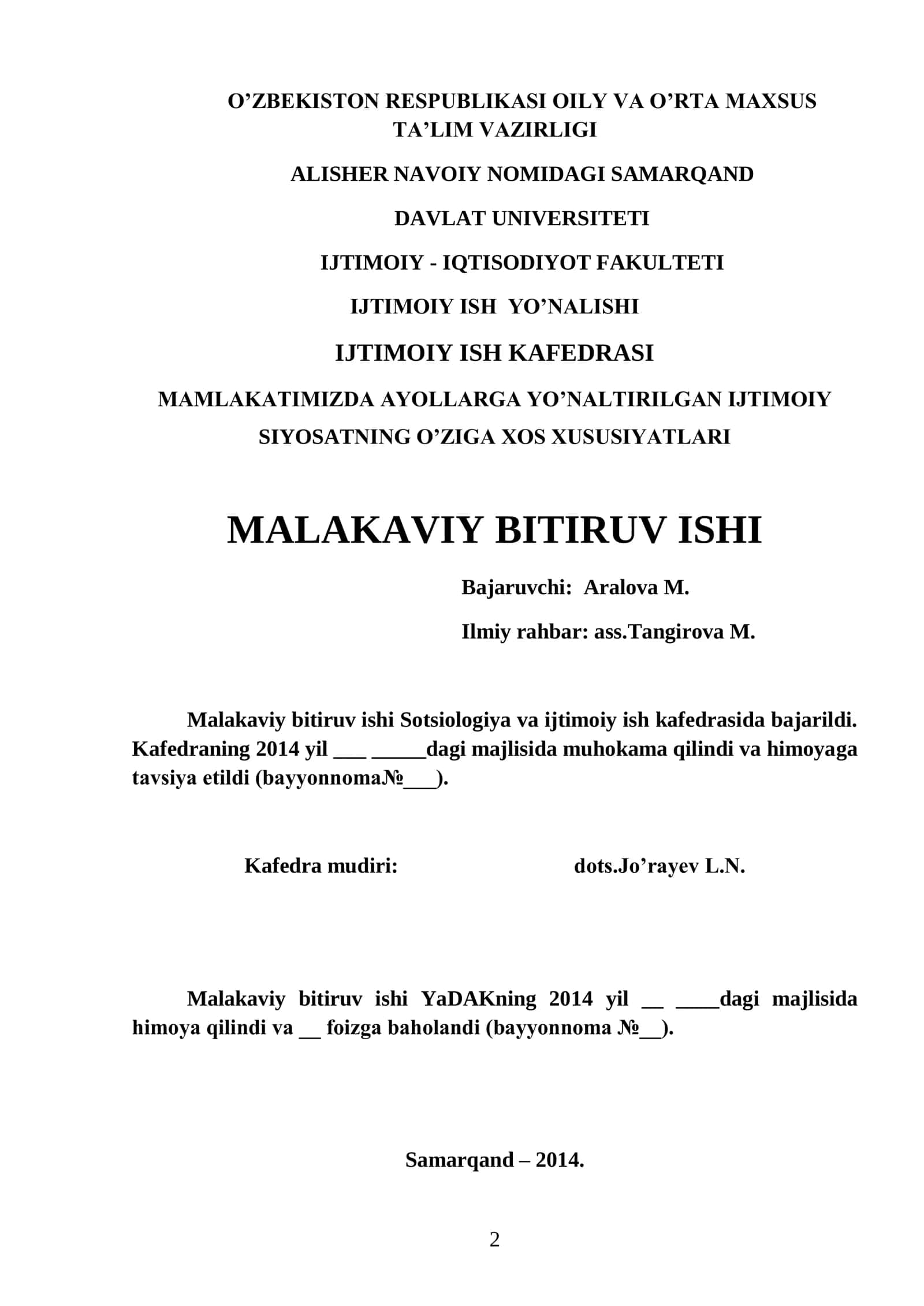 MAMLAKATIMIZDA AYOLLARGA YO’NALTIRILGAN IJTIMOIY SIYOSATNING O’ZIGA XOS XUSUSIYATLARI 1