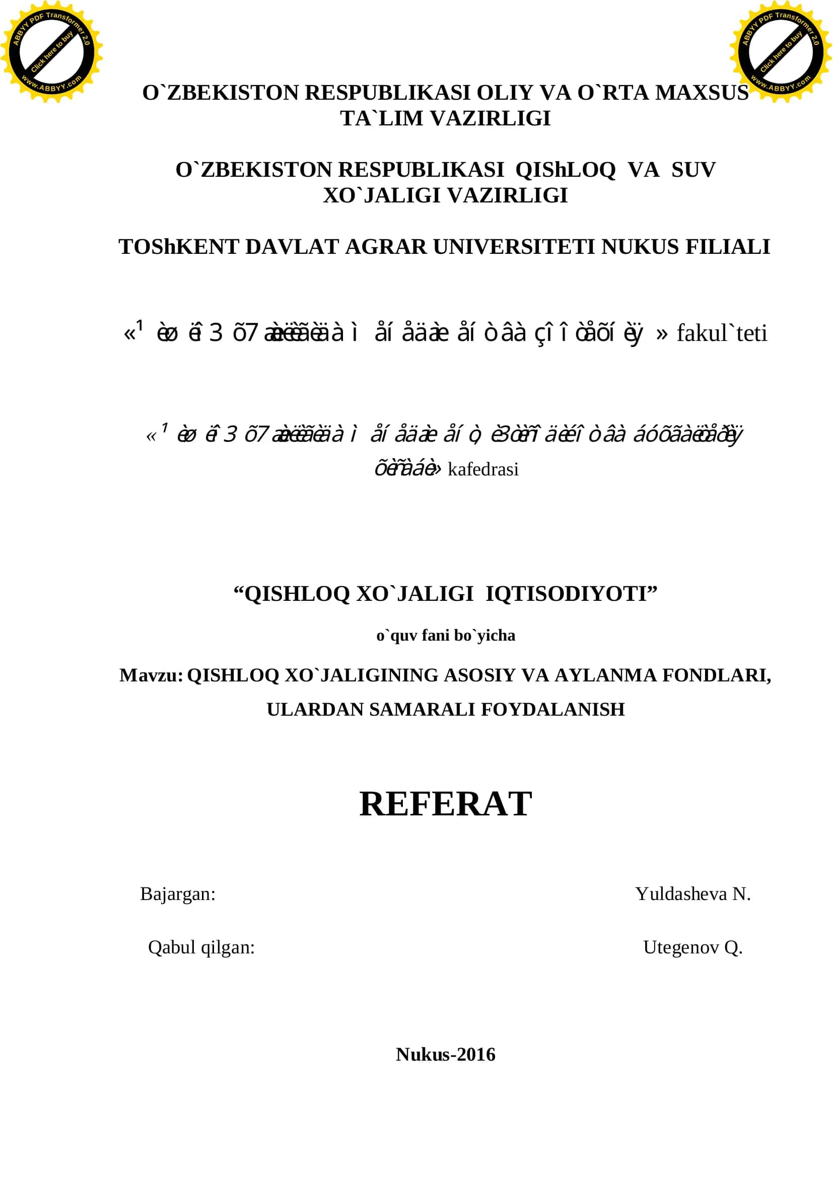 QISHLOQ XO`JALIGIDAGI (JORIY VA O`RTACHA) XARAJATLAR, ULARNI KAMAYTIRISH YO`LLARI 1