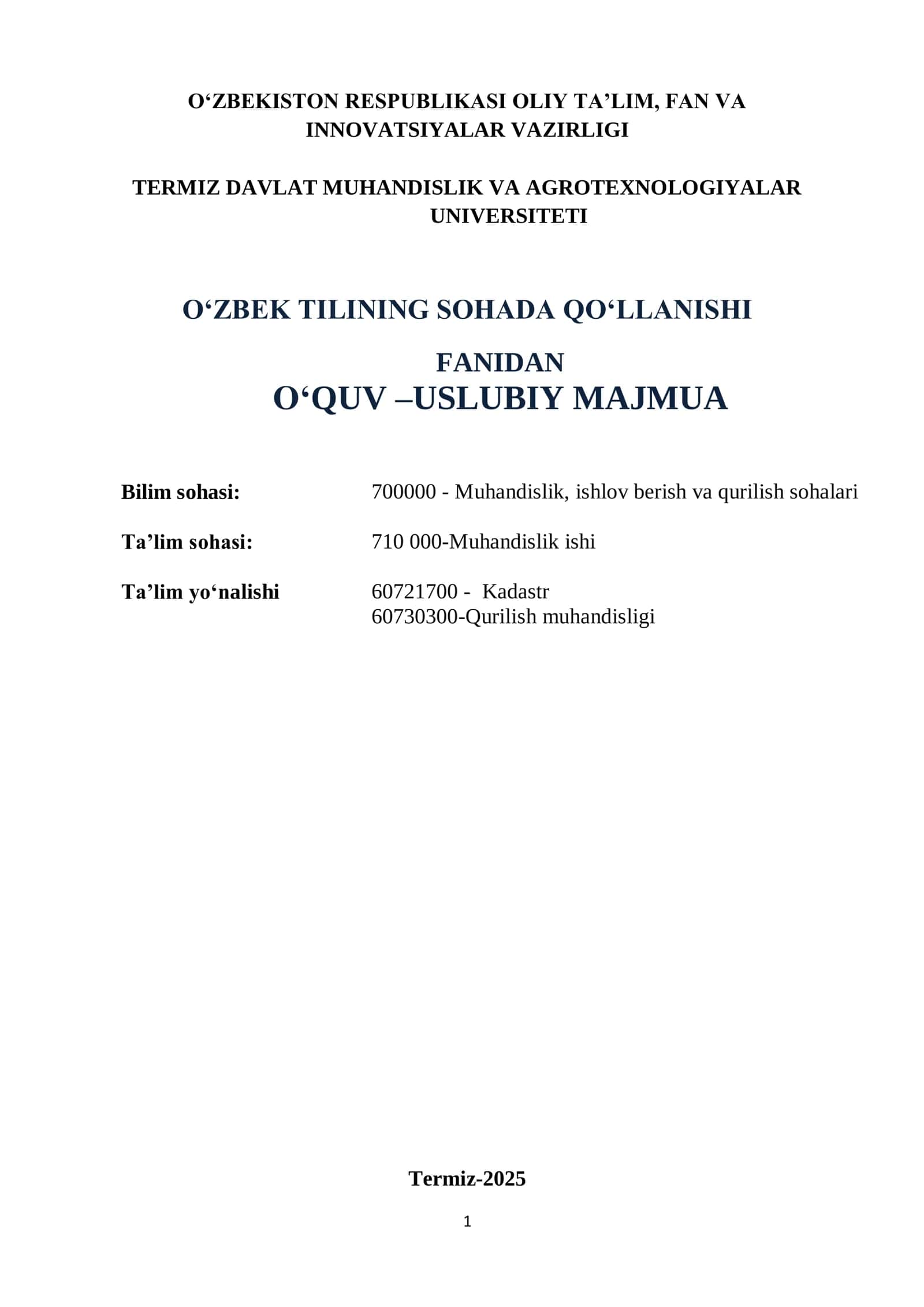 O'zbek tilining sohada qo'llanilishi O'quv–uslubiy majmua 1