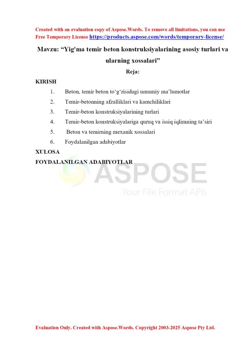 Yig'ma temir beton konstruksiyalarining asosiy turlari va ularning xossalari 1