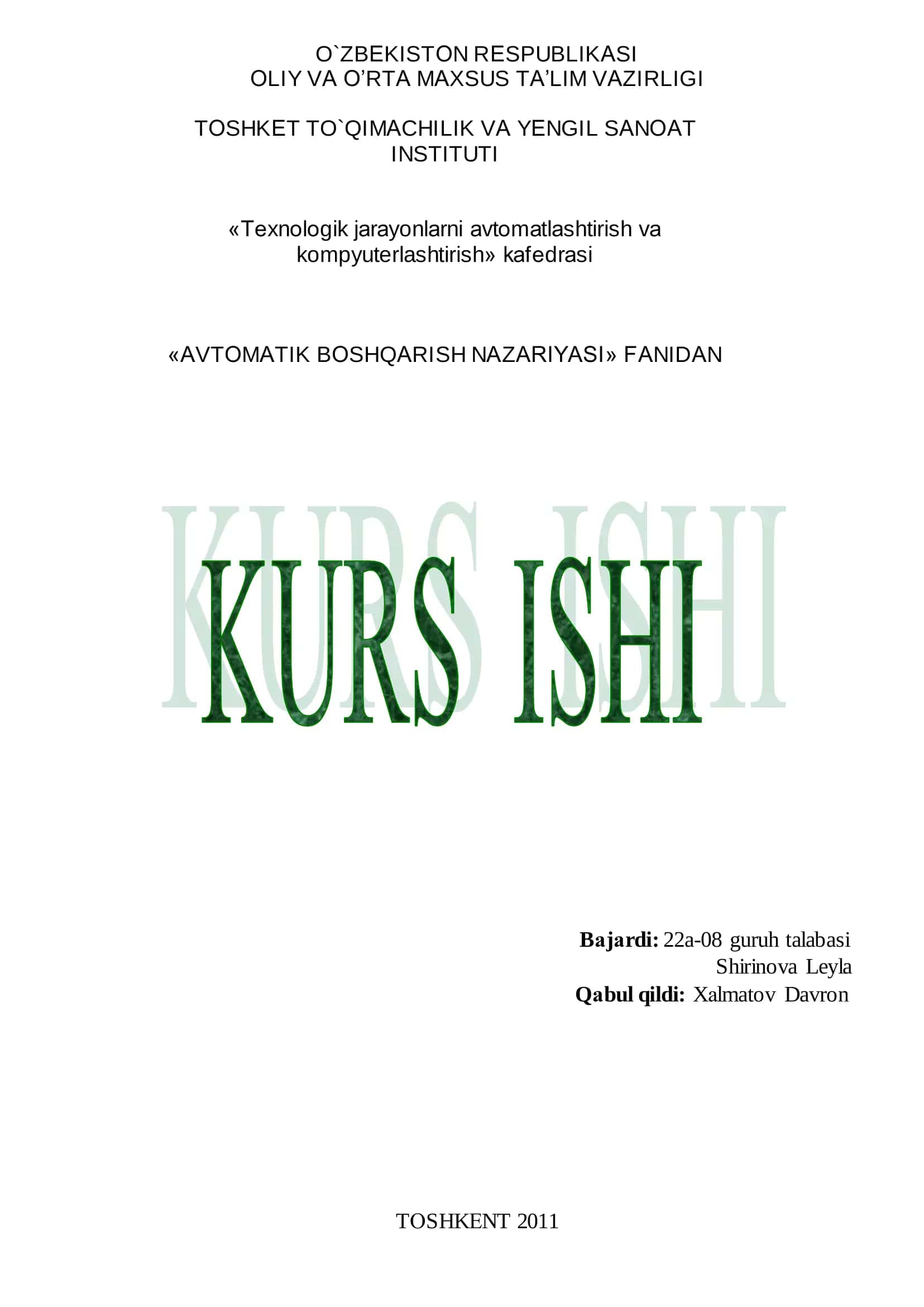 Аvtomatik Boshqarish Nazariyasi 1