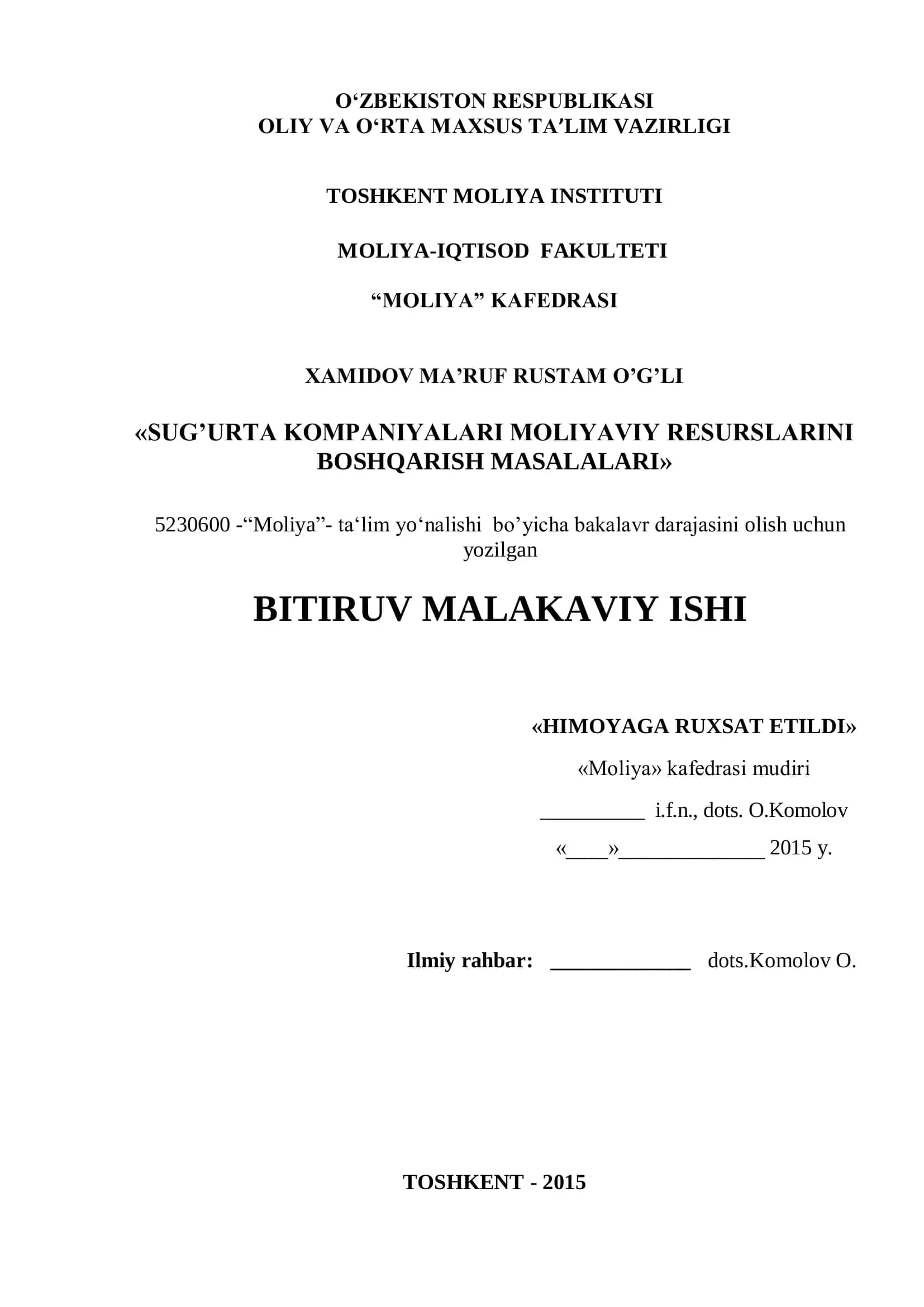 Sug’urta kompaniyalari moliyaviy resurslarini boshqarish masalalari 1