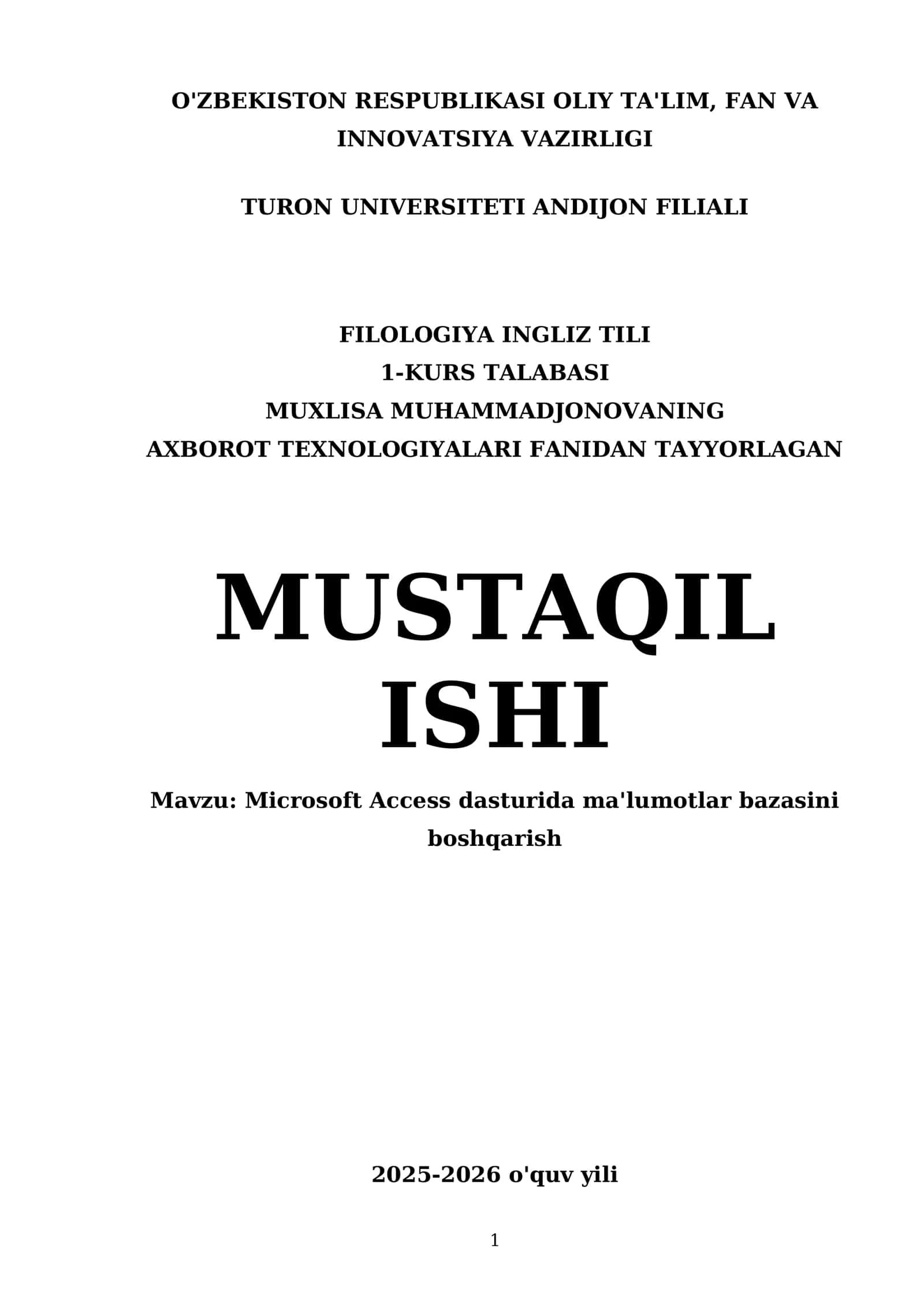 Microsoft Access dasturida ma'lumotlar bazasini boshqarish 1