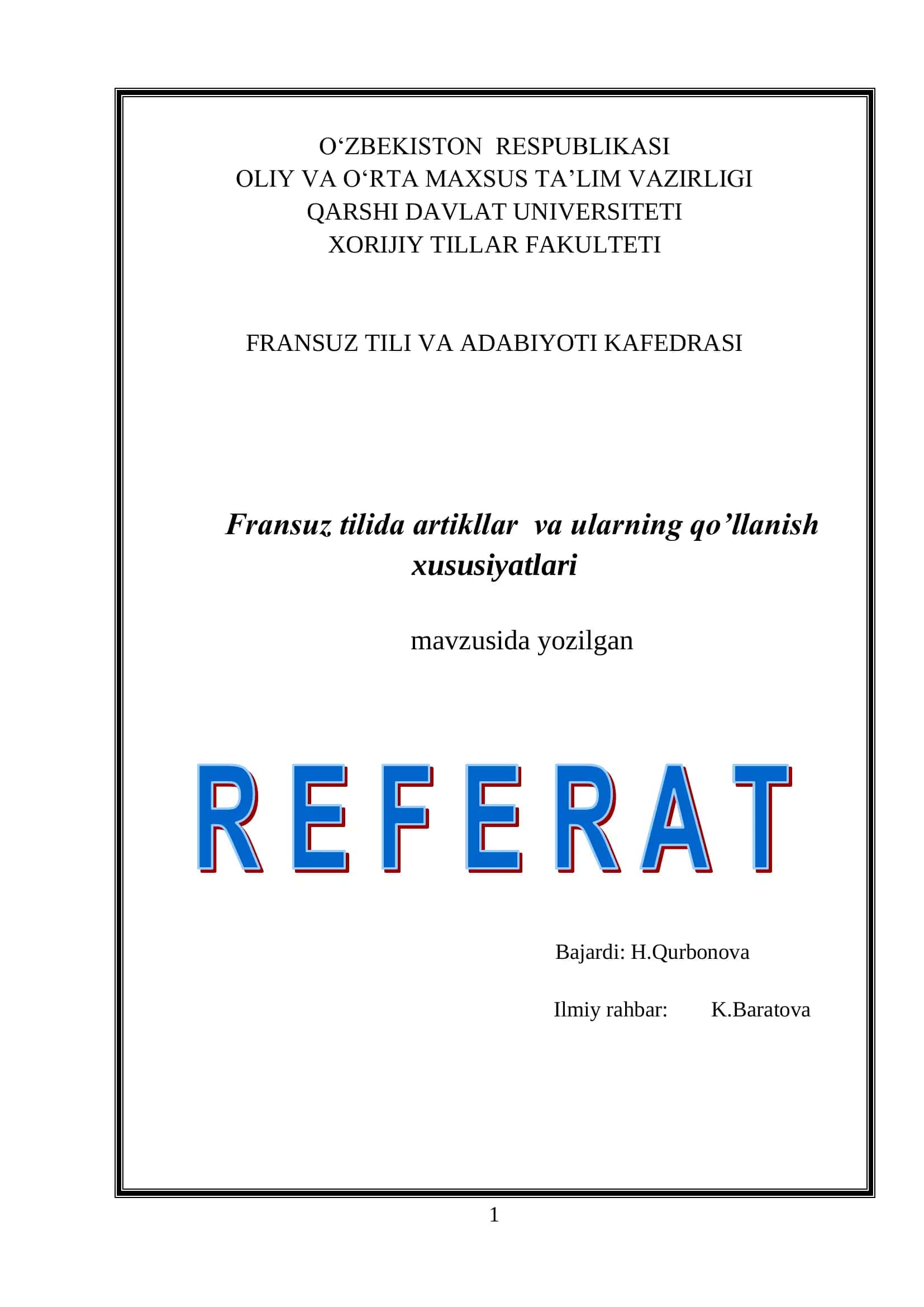 Fransuz tilida artikllar va ularning qo’llanish xususiyatlari 1