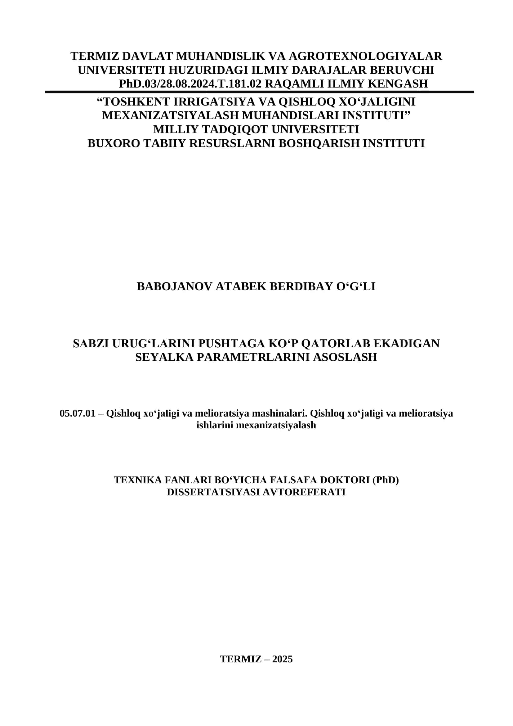 Texnika Fanlari Bo‘yicha Falsafa Doktori (PhD) dissertatsiyasi avtoreferati 1