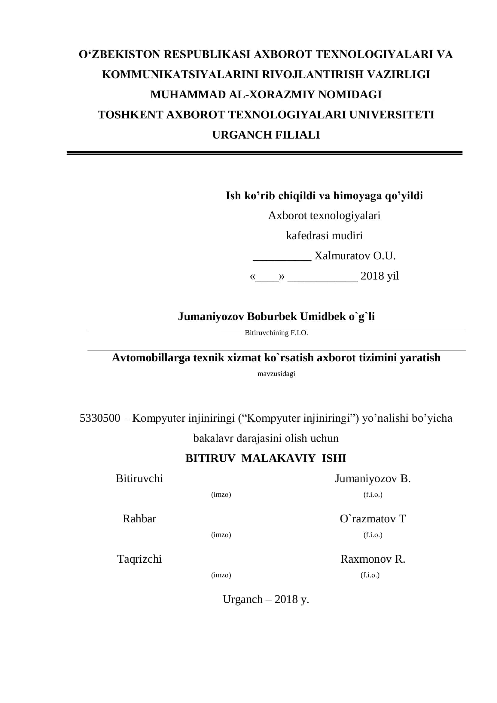 Kompyuter injiniringi ("Kompyuter injiniringi") yo‟nalishi bo‟yicha bakalavr darajasini оlish uchun 1