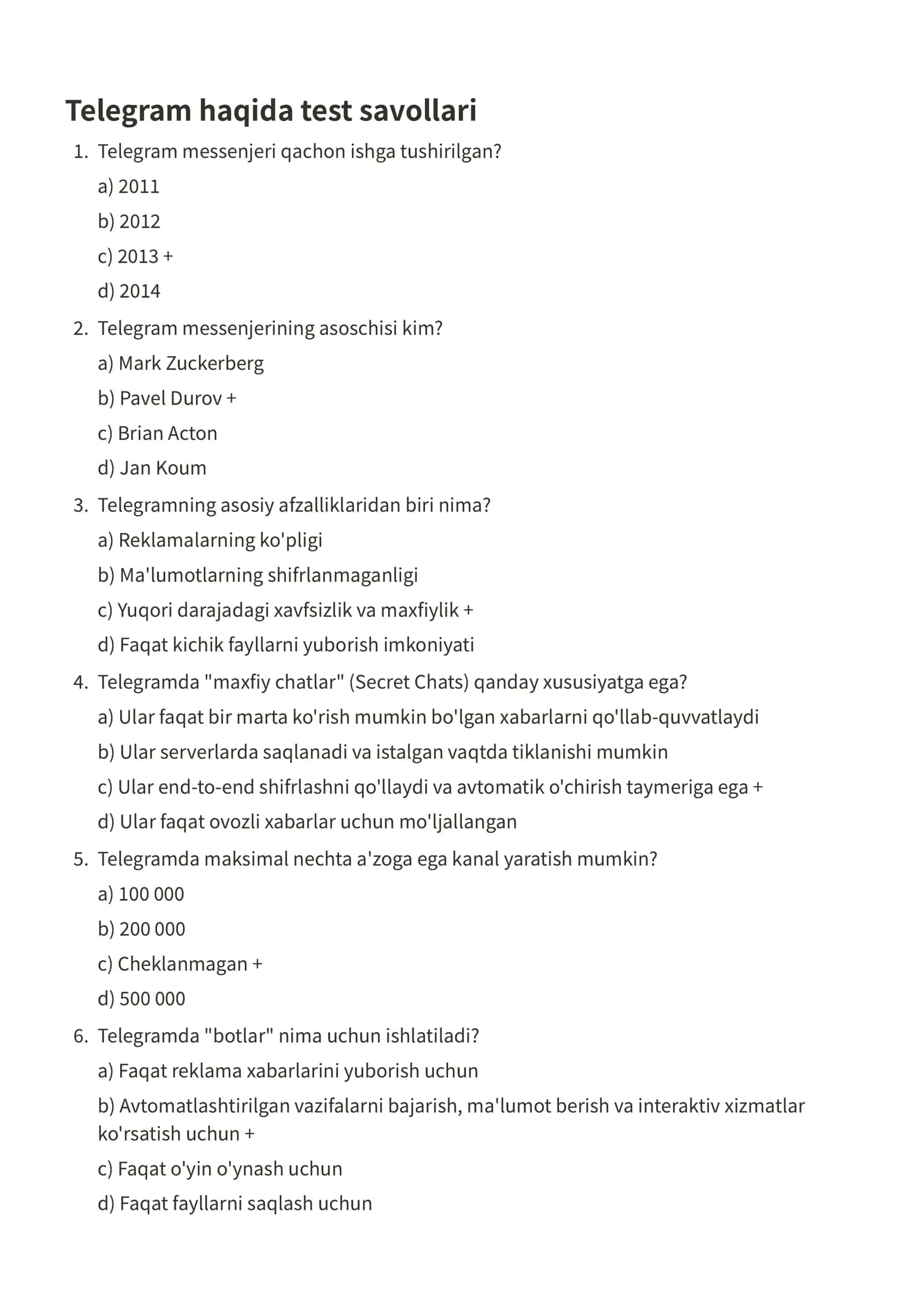 Telegram haqida test savollari 1