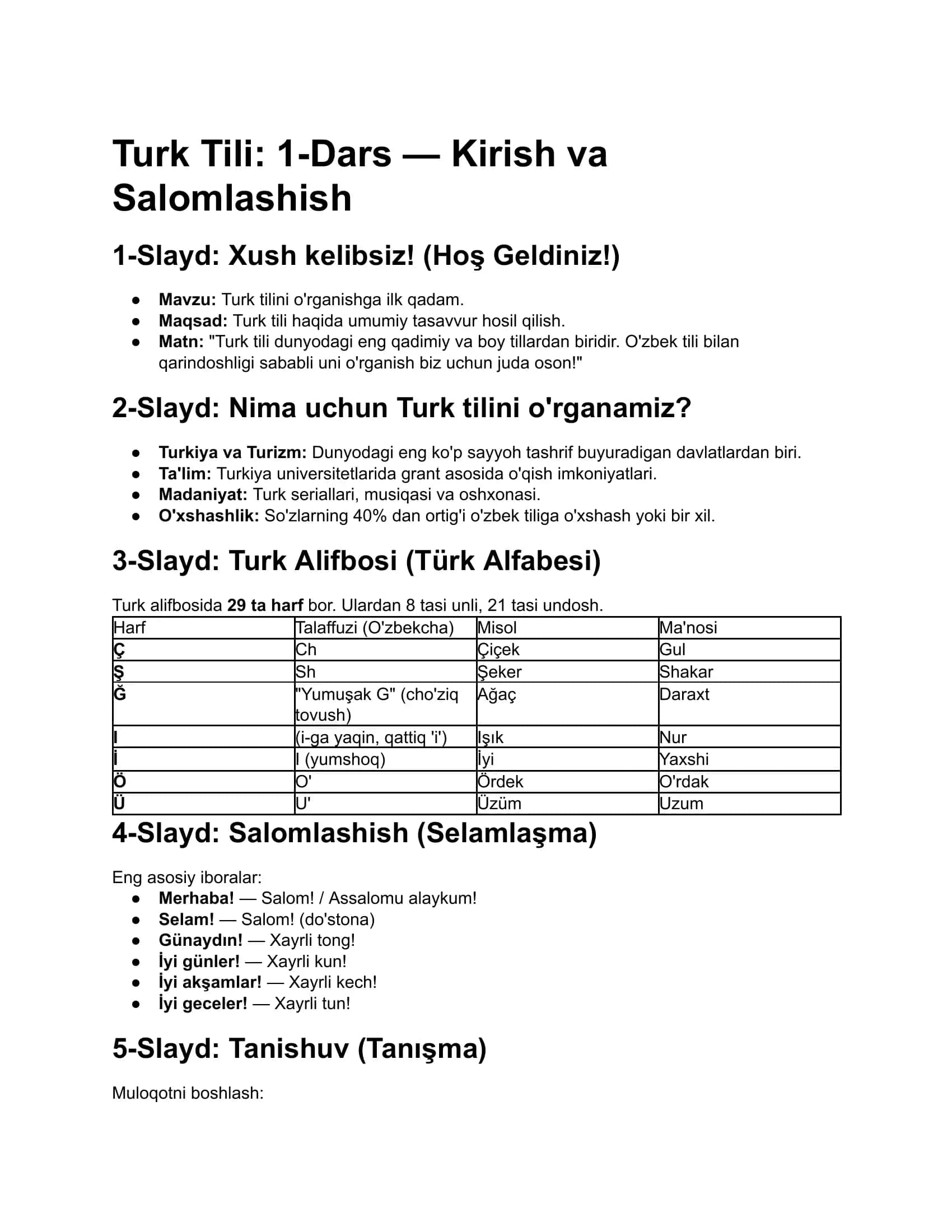 Turk tili mustaqil oʻqish uchun birinchi dars 1