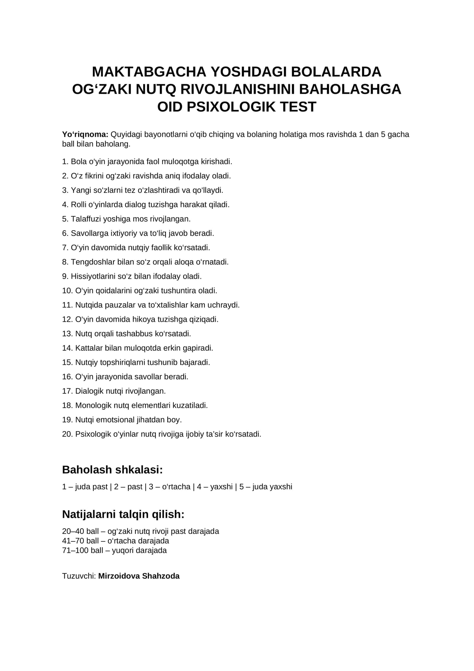 OG‘ZAKI NUTQ RIVOJLANISHINI BAHOLASHGA OID PSIXOLOGIK TEST 1