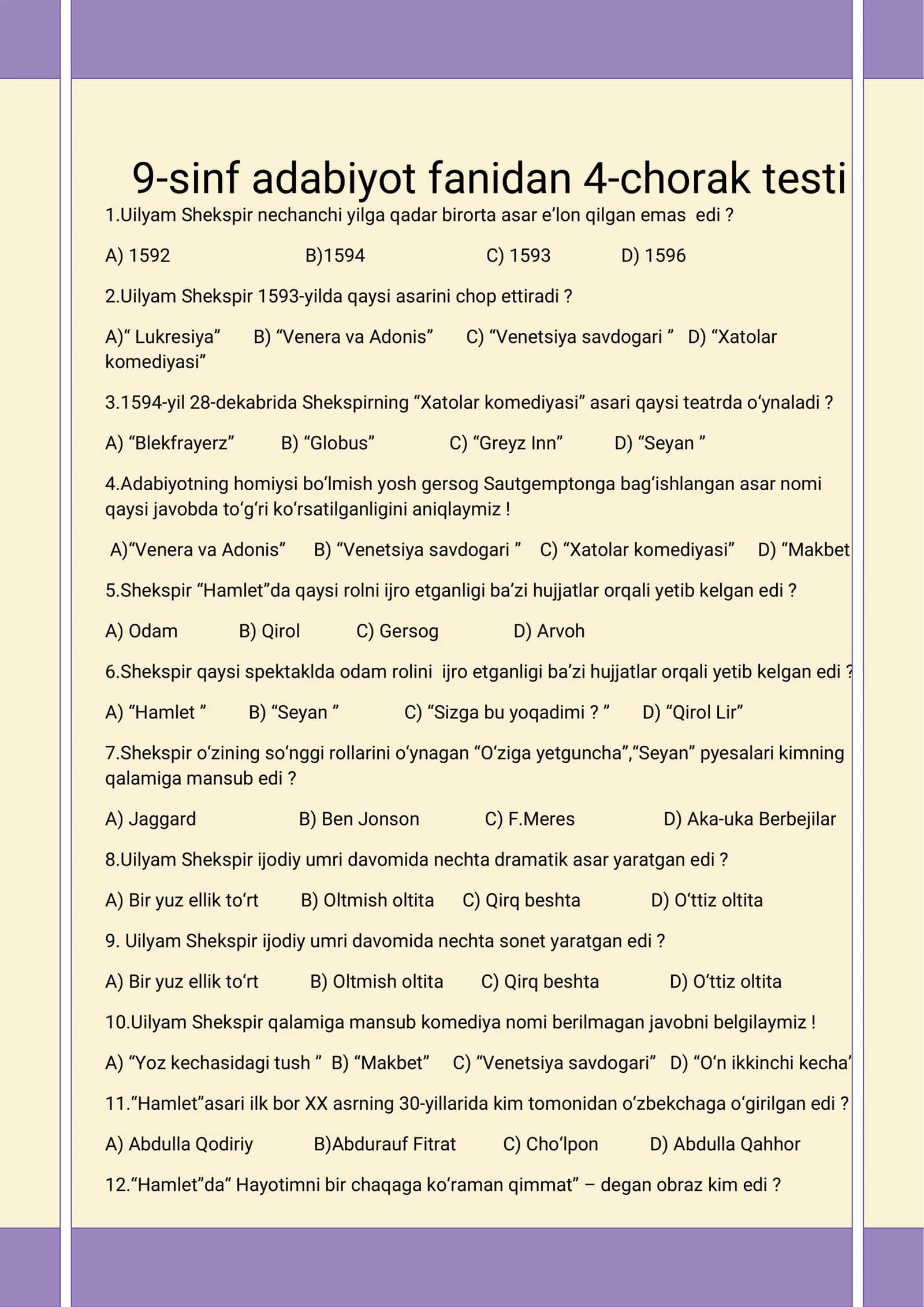 9-sinf adabiyot fanidan 4-chorak testi 1