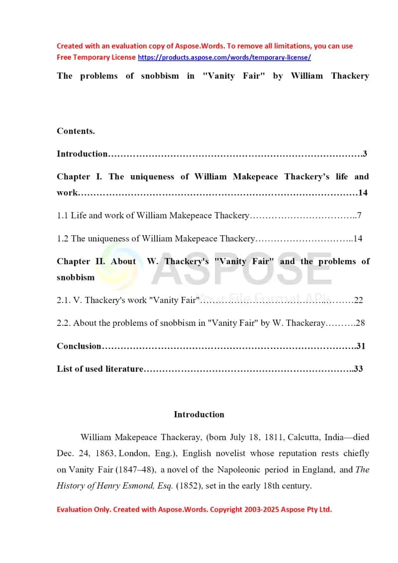 The problems of snobbism in "Vanity Fair" by William Thackery 1