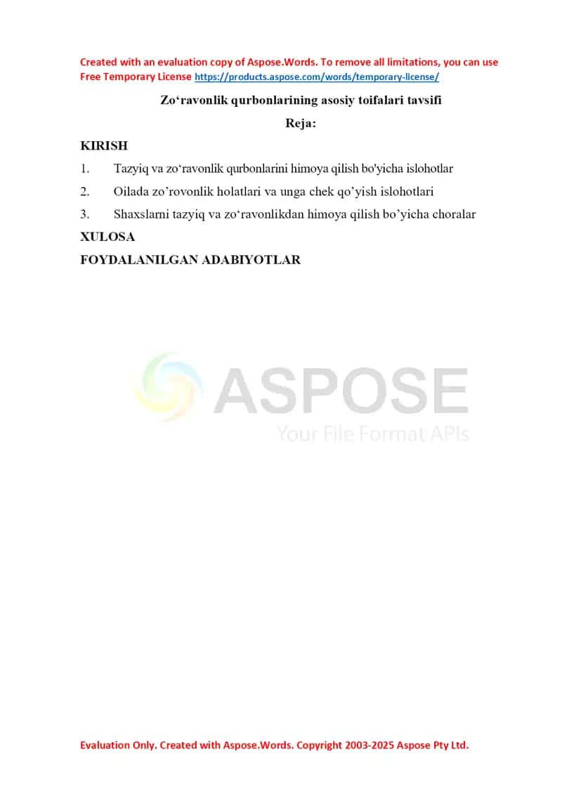 Zoʻravonlik qurbonlarining asosiy toifalari tavsifi 1