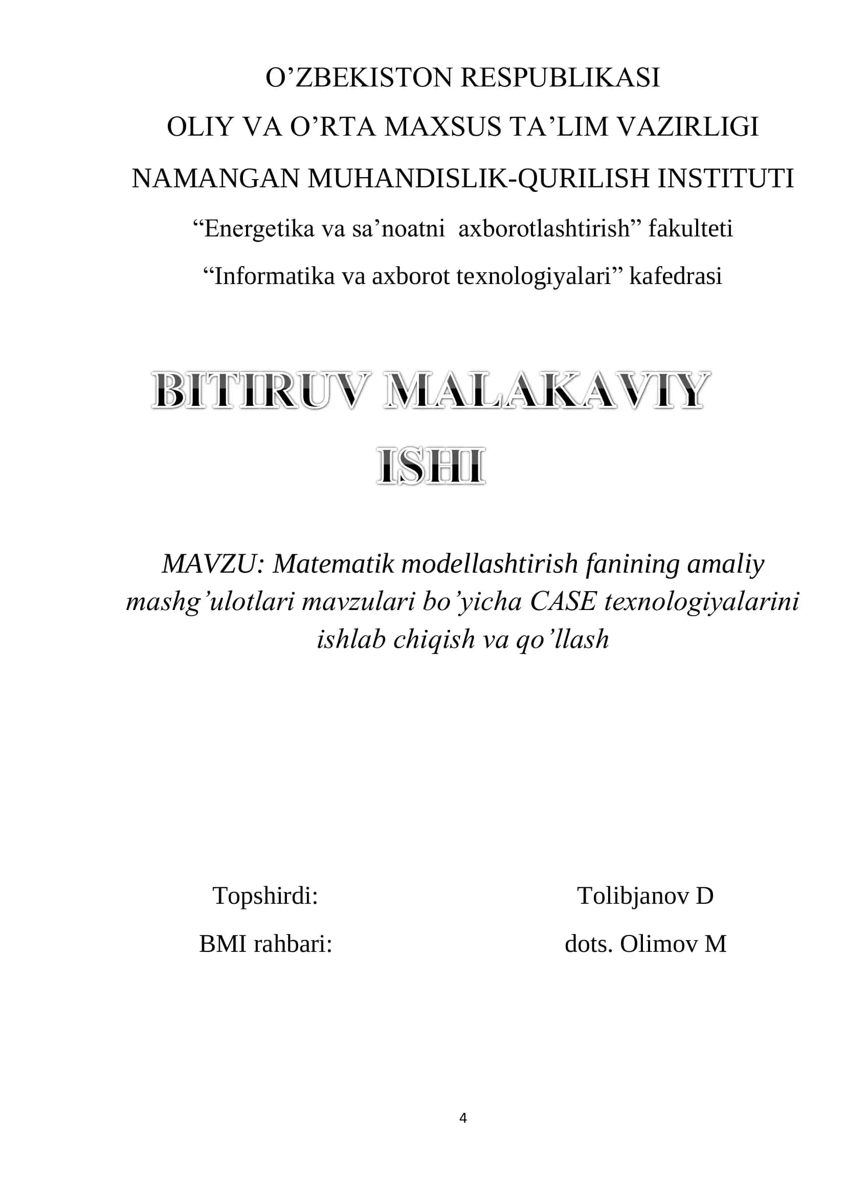 Matematik modellashtirish fanining amaliy mashg’ulotlari 1