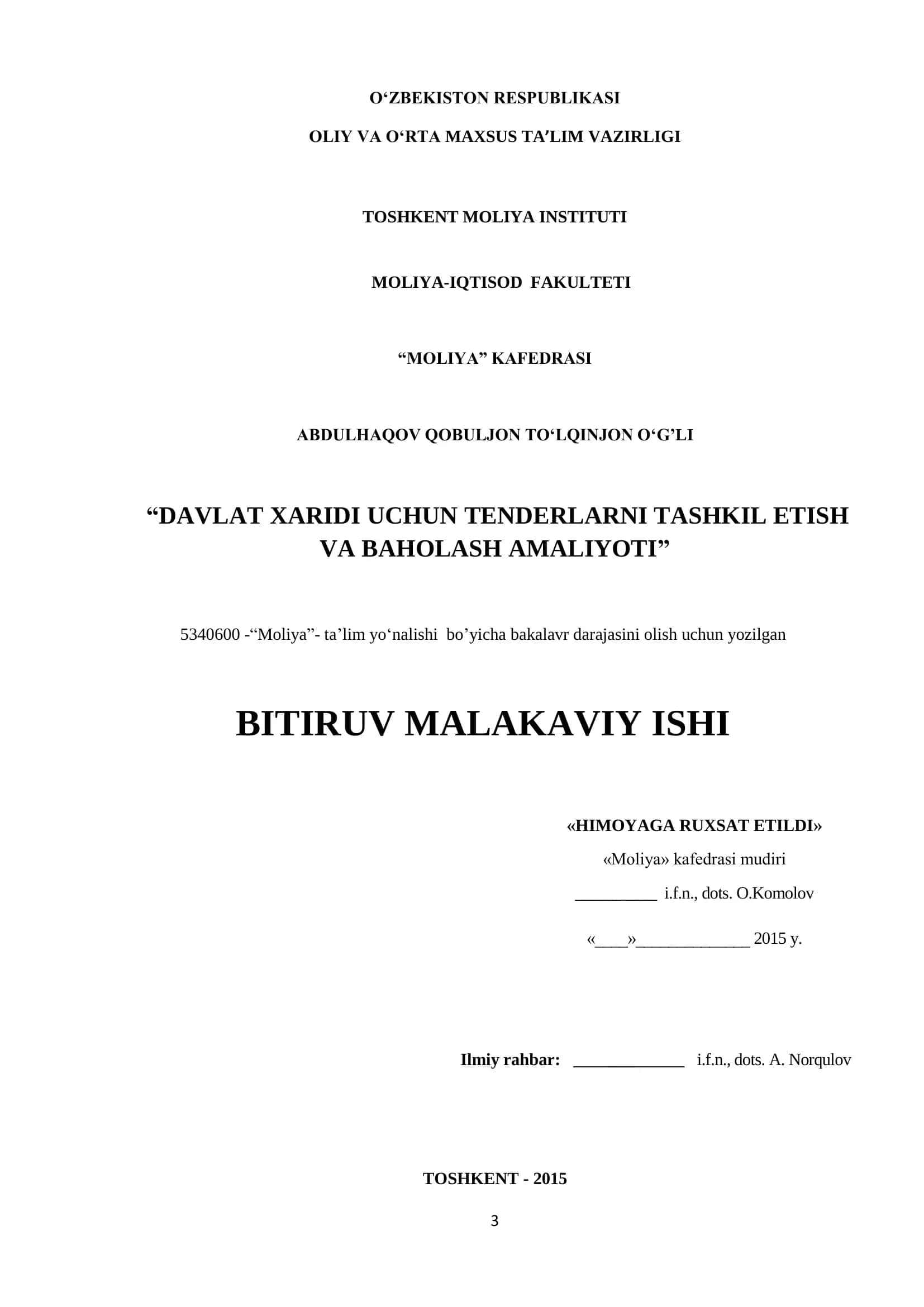 DAVLAT XARIDI UCHUN TENDERLARNI TASHKIL ETISH VA BAHOLASH AMALIYOTI 1
