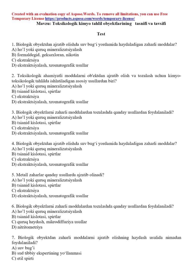 3. Toksikologik kimyo tahlil obyektlarining tasnifi va tavsifi. Test, 15 ta. 1