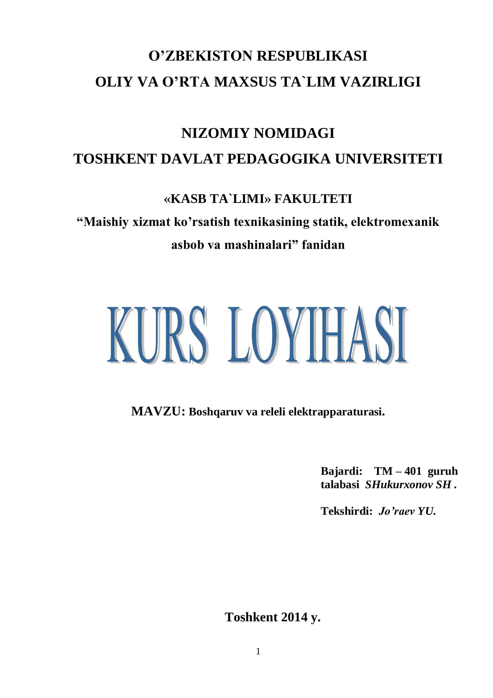 Boshqaruv va releli elektrapparaturasi 1