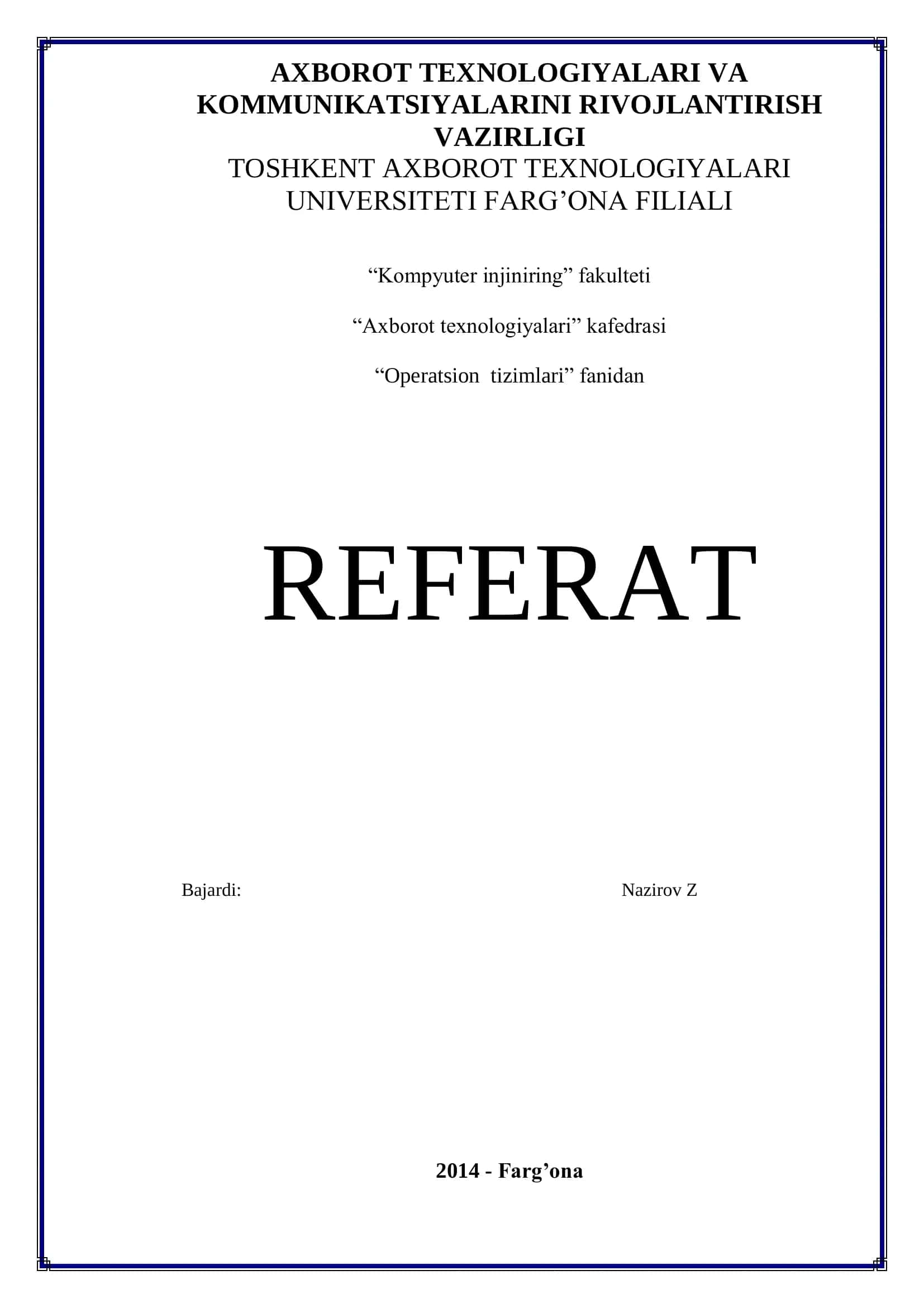 Kompyuter injiniring "Operatsion tizimlari" referat 1
