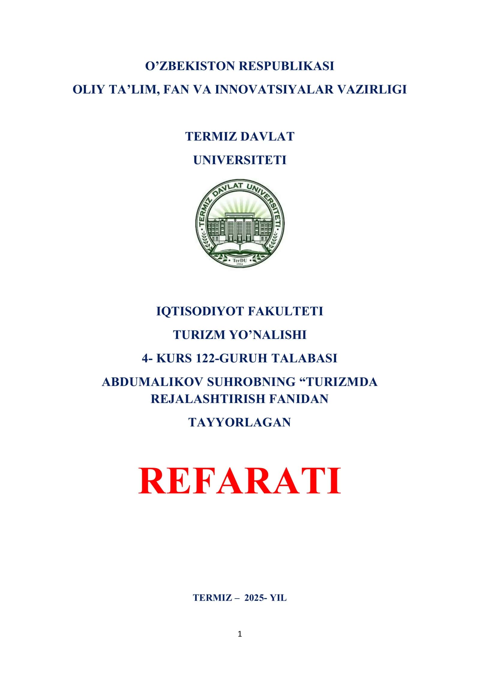 Turizmda Rejalashtirish Fanidan Tayyorlagan Refarati 1