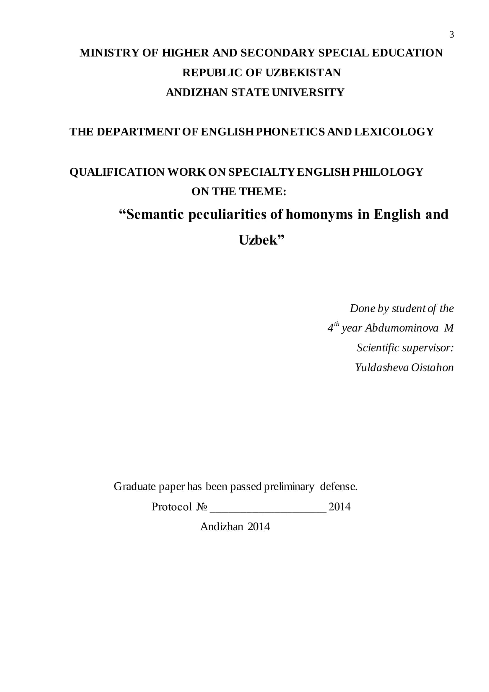Semantic peculiarities of homonyms in English and Uzbek 1