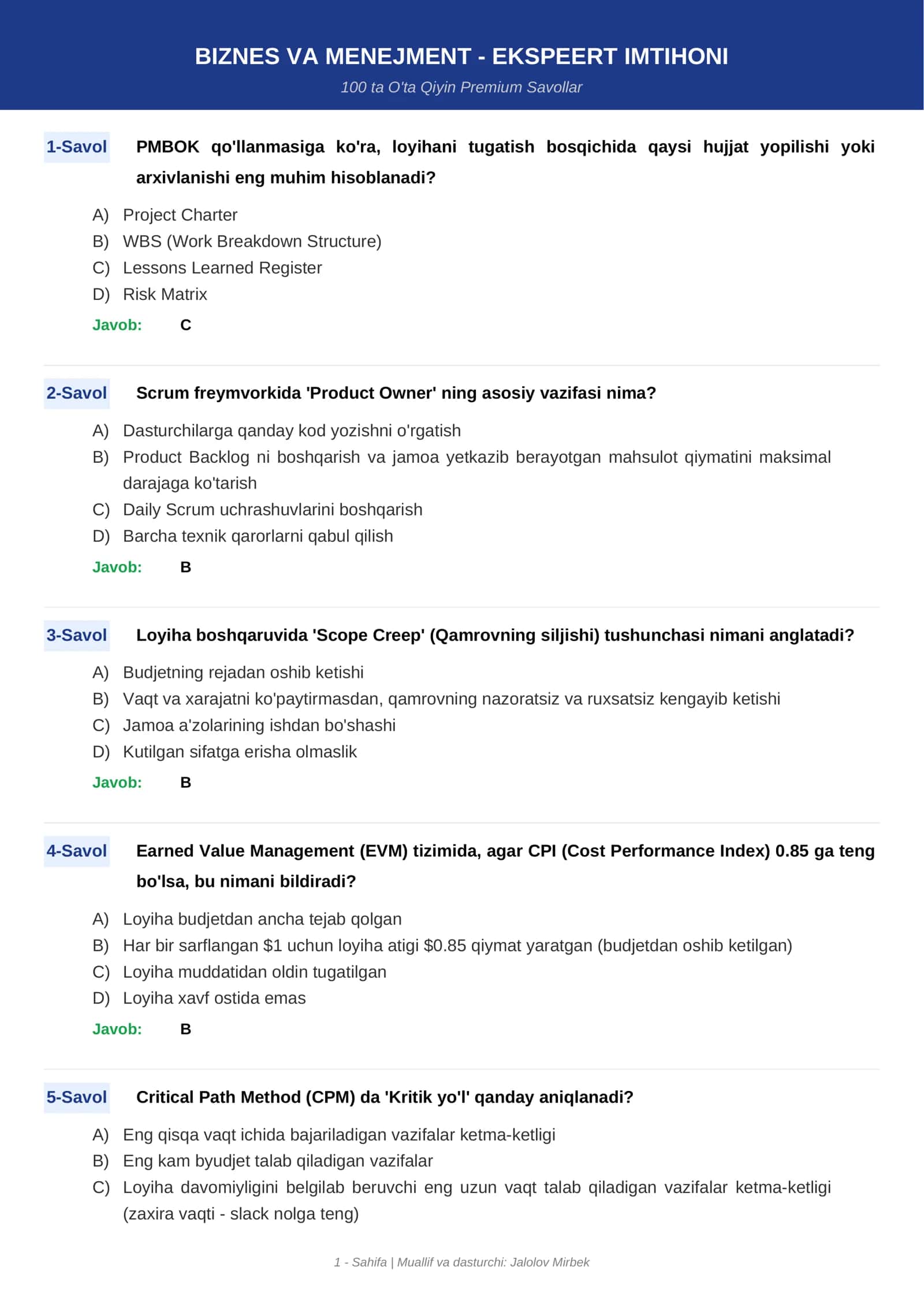 BIZNES VA MENEJMENT - EKSPEERT IMTIHONI 1