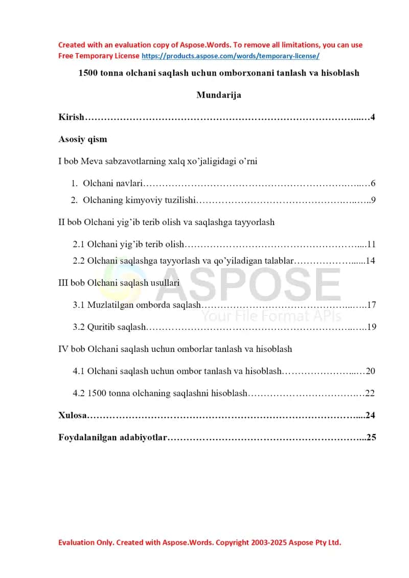 1500 tonna olchani saqlash uchun omborxonani tanlash va hisoblash 1