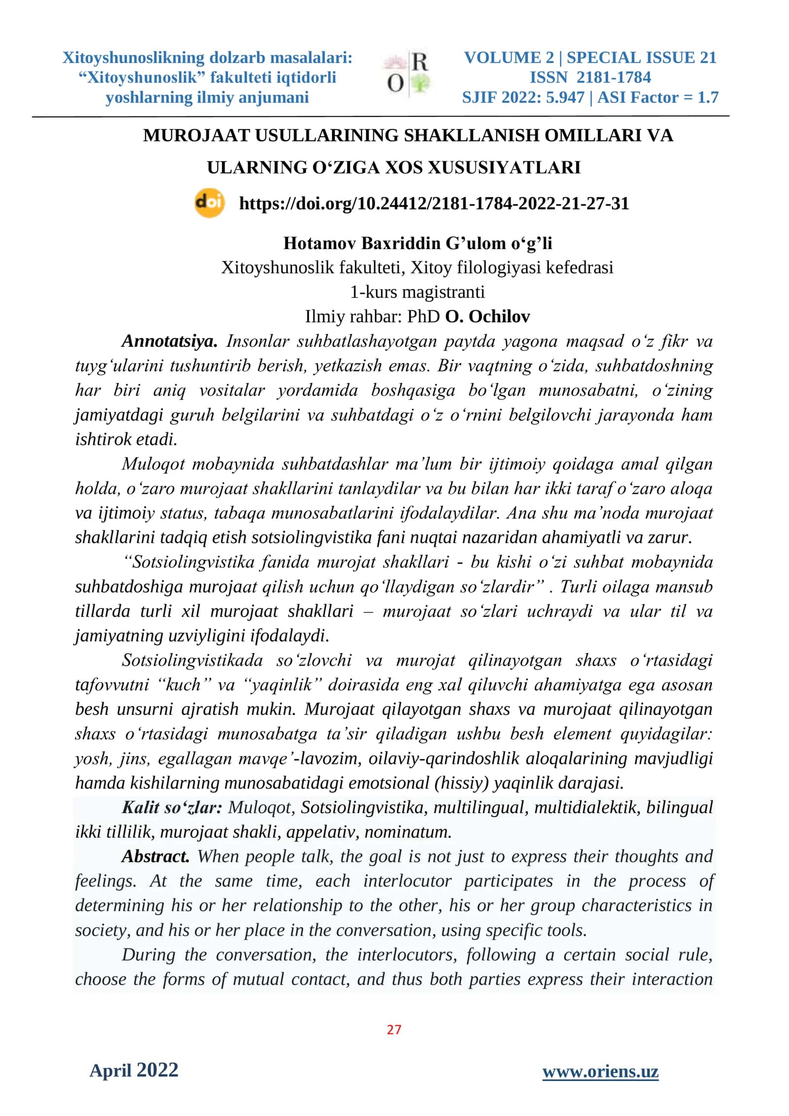 MUROJAAT USULLARINING SHAKLLANISH OMILLARI VA ULARNING O‘ZIGA XOS XUSUSIYATLARI 1