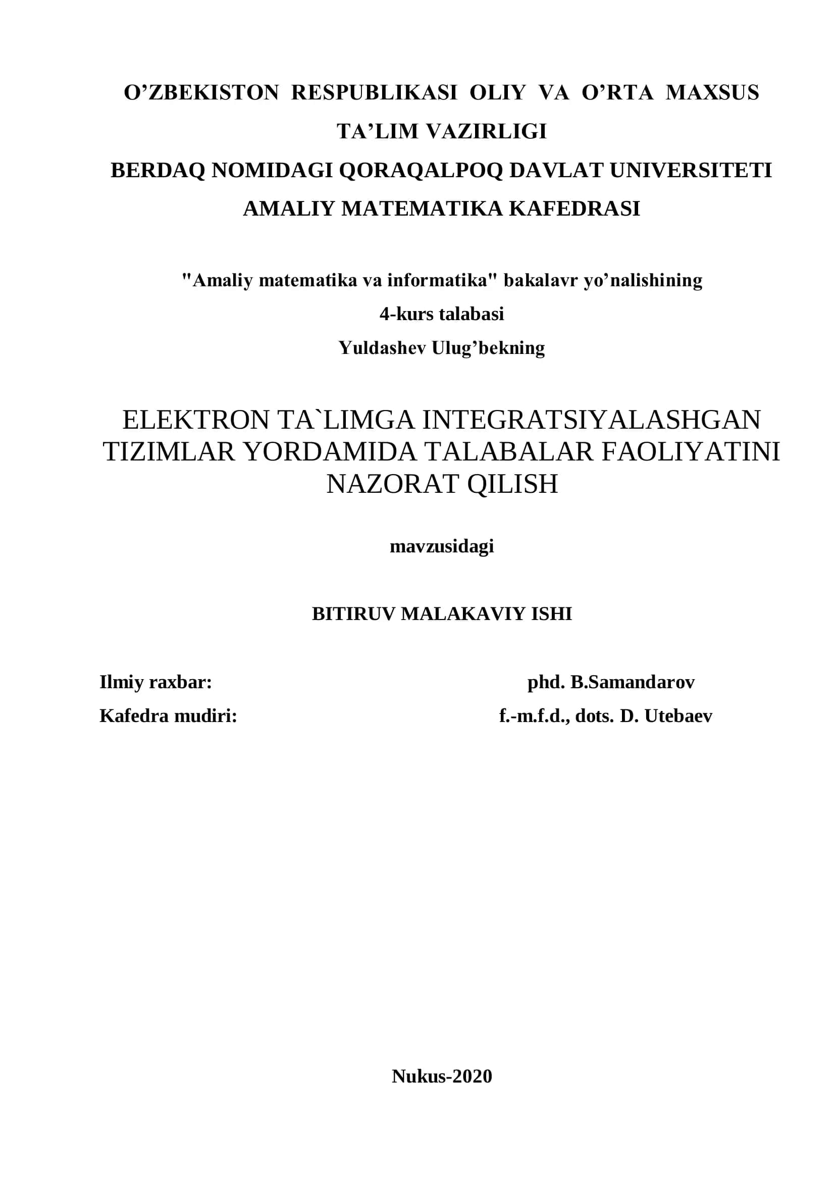 ELEKTRON TA`LIMGA INTEGRATSIYALASHGAN TIZIMLAR YORDAMIDA TALABALAR FAOLIYATINI NAZORAT QILISH 1