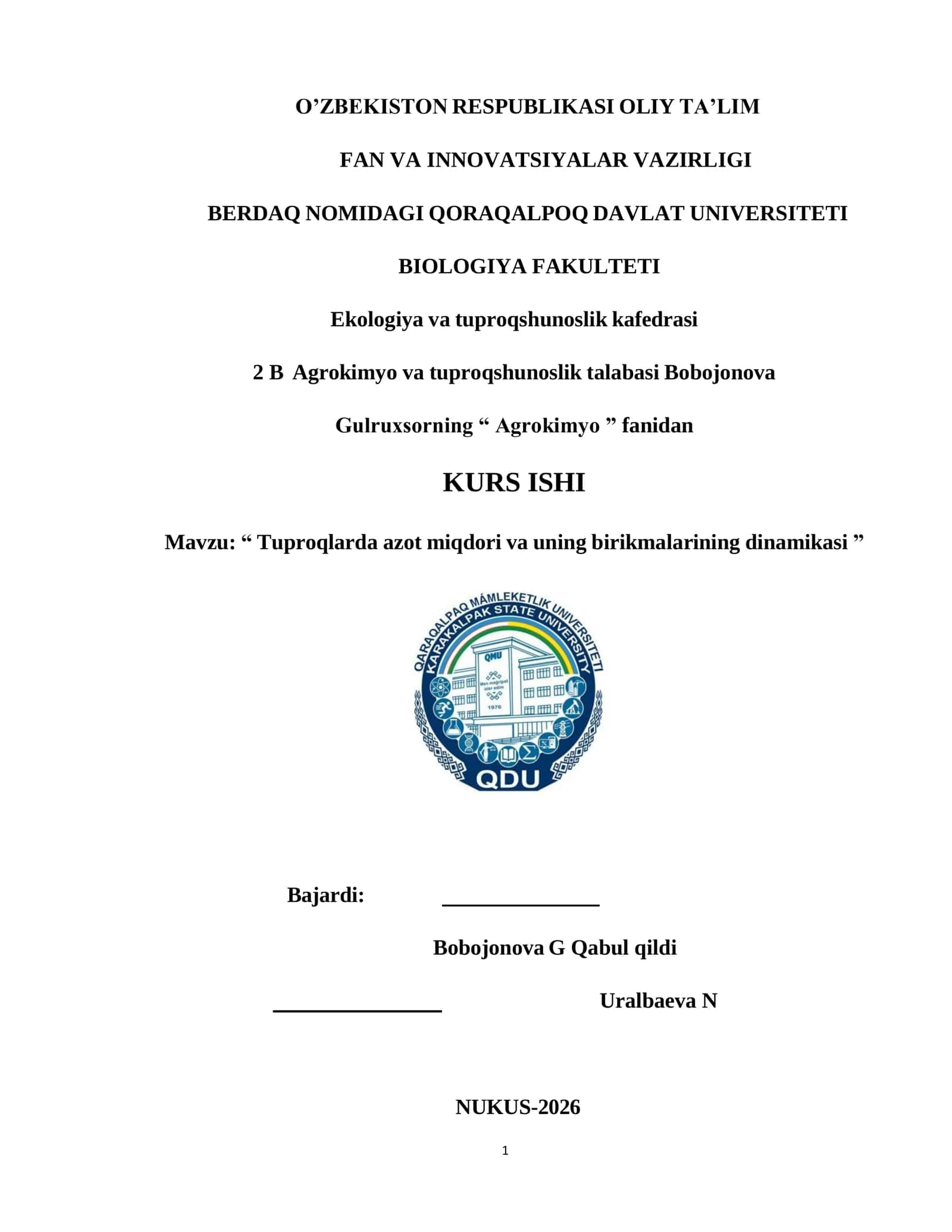 Tuproqlarda azot miqdori va uning birikmalarining dinamikasi 1