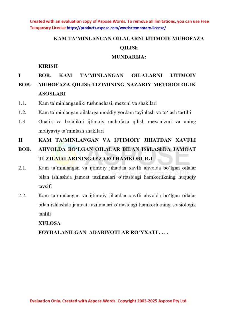 Kam ta'minlangan oilalarni ijtimoiy muhofaza qilish kurs ishi 1