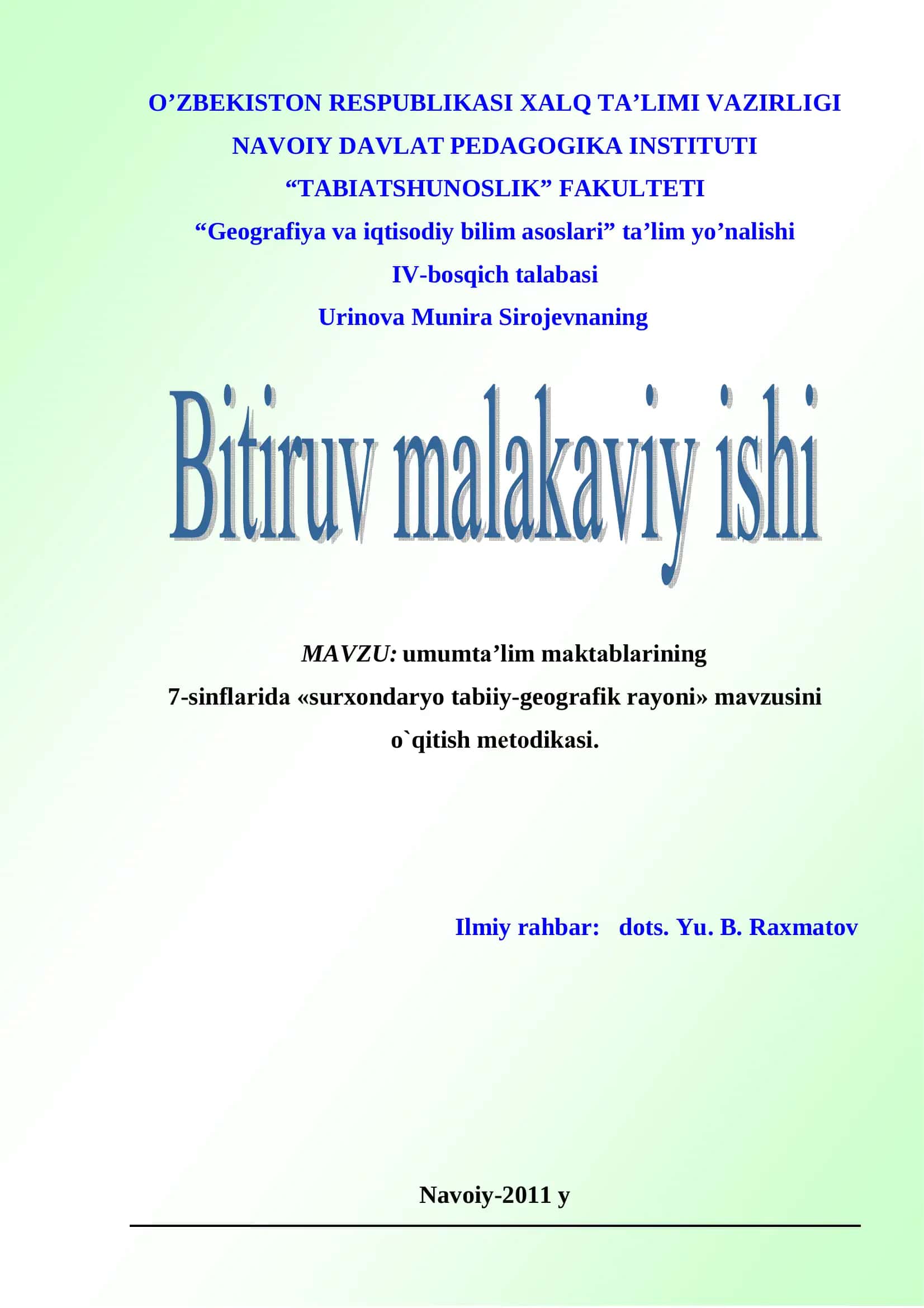 umumtа’lim mаktаblаrining 7-sinflаridа «surxondaryo tabiiy-geografik rayoni» mavzusini o`qitish mеtоdikаsi 1