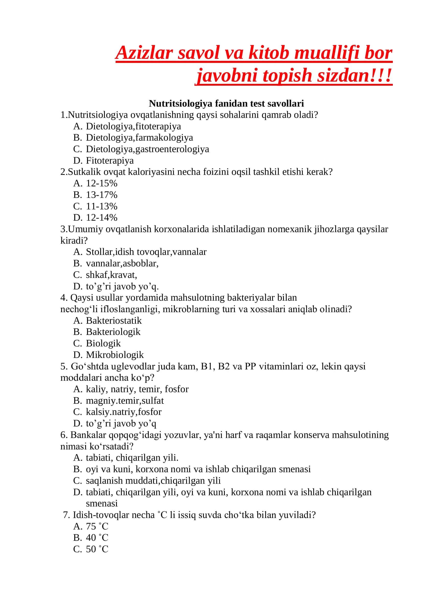 Nutritsiologiya fanidan test savollari 1
