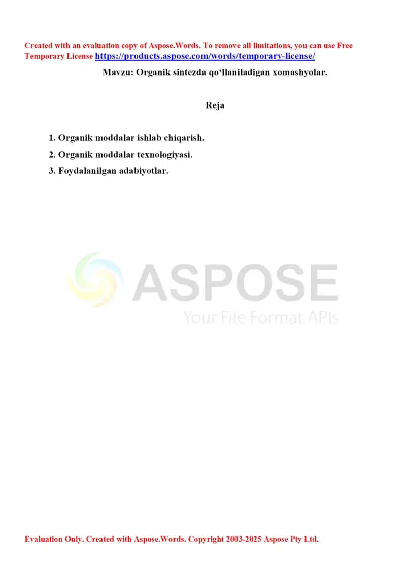 Organik sintezda qoʻllaniladigan xomashyolar. Referat 5 bet. 1