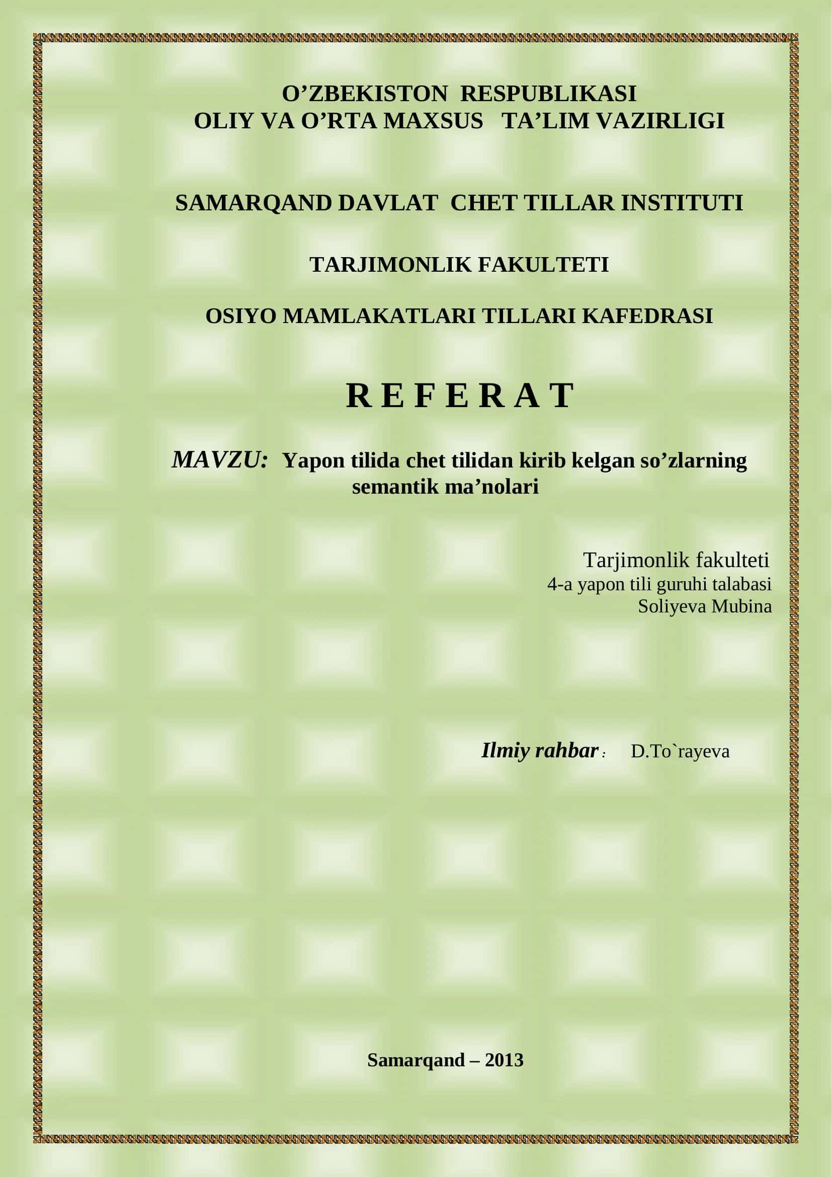 Yapon tilida chet tilidan kirib kelgan so’zlarning semantik ma’nolari 1