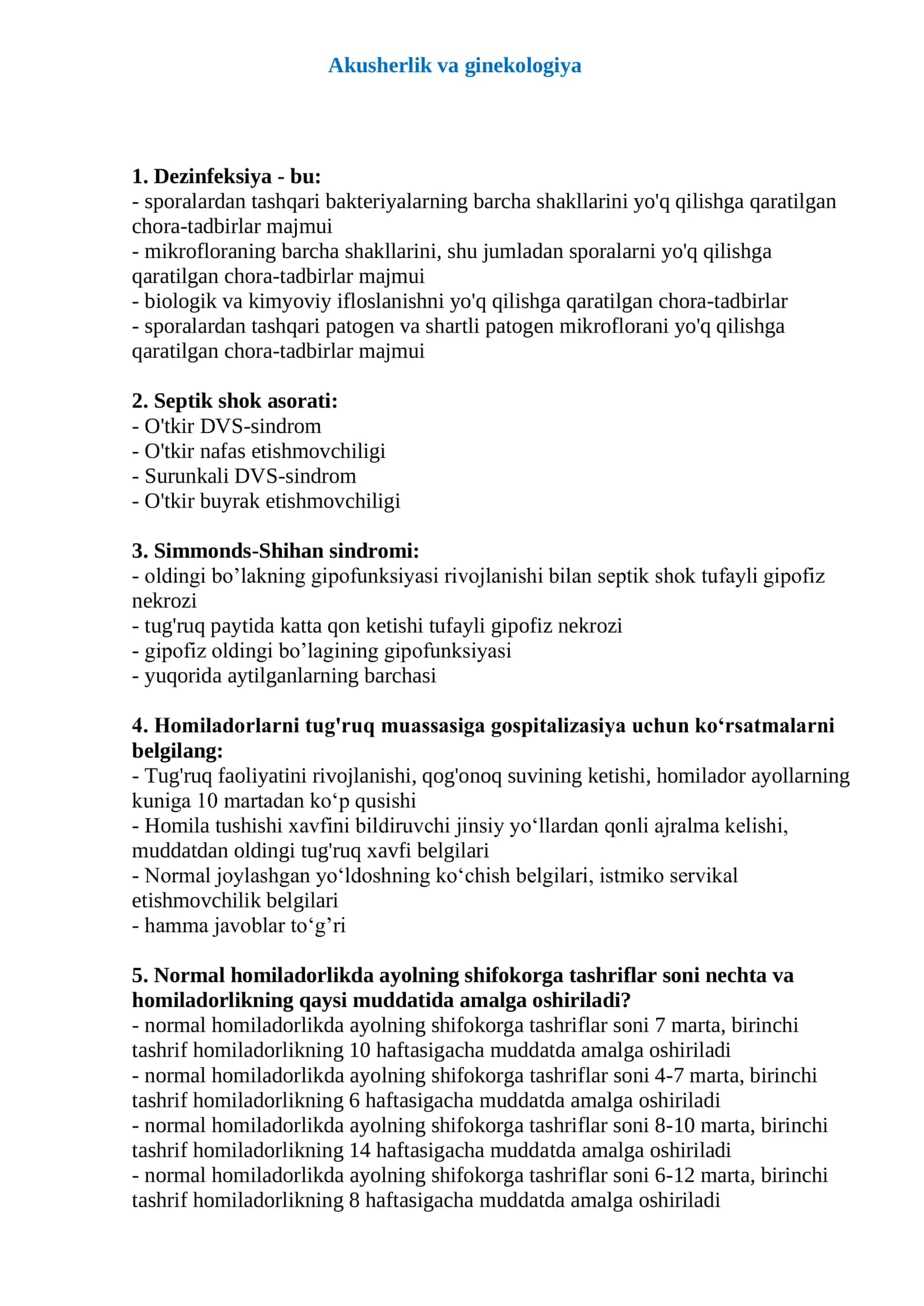 akusherlik va ginekologiya test (ordinatura va magistratura) 1