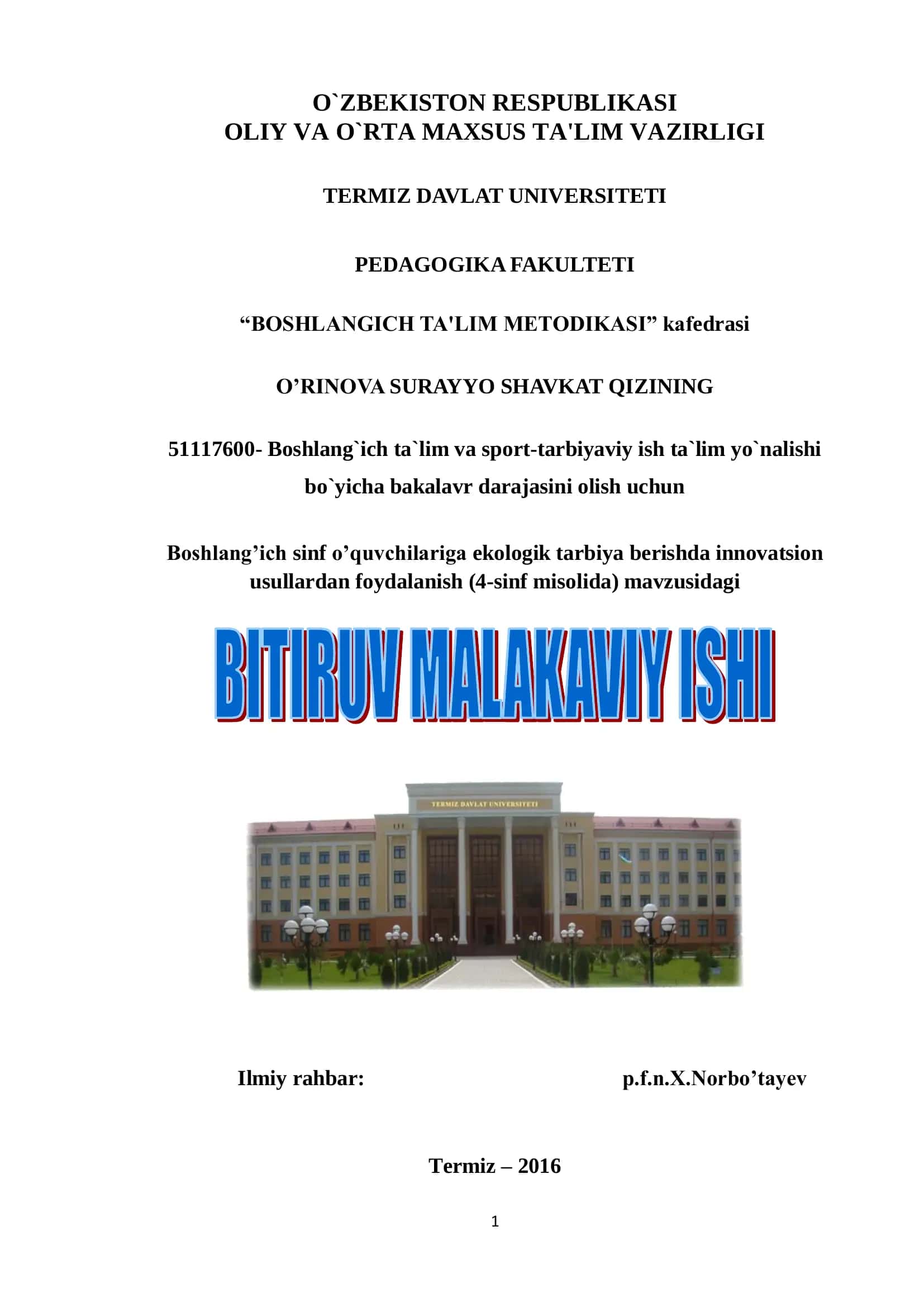 Boshlang'ich ta`lim va sport-tarbiyaviy ish ta`lim yo`nalishi 1