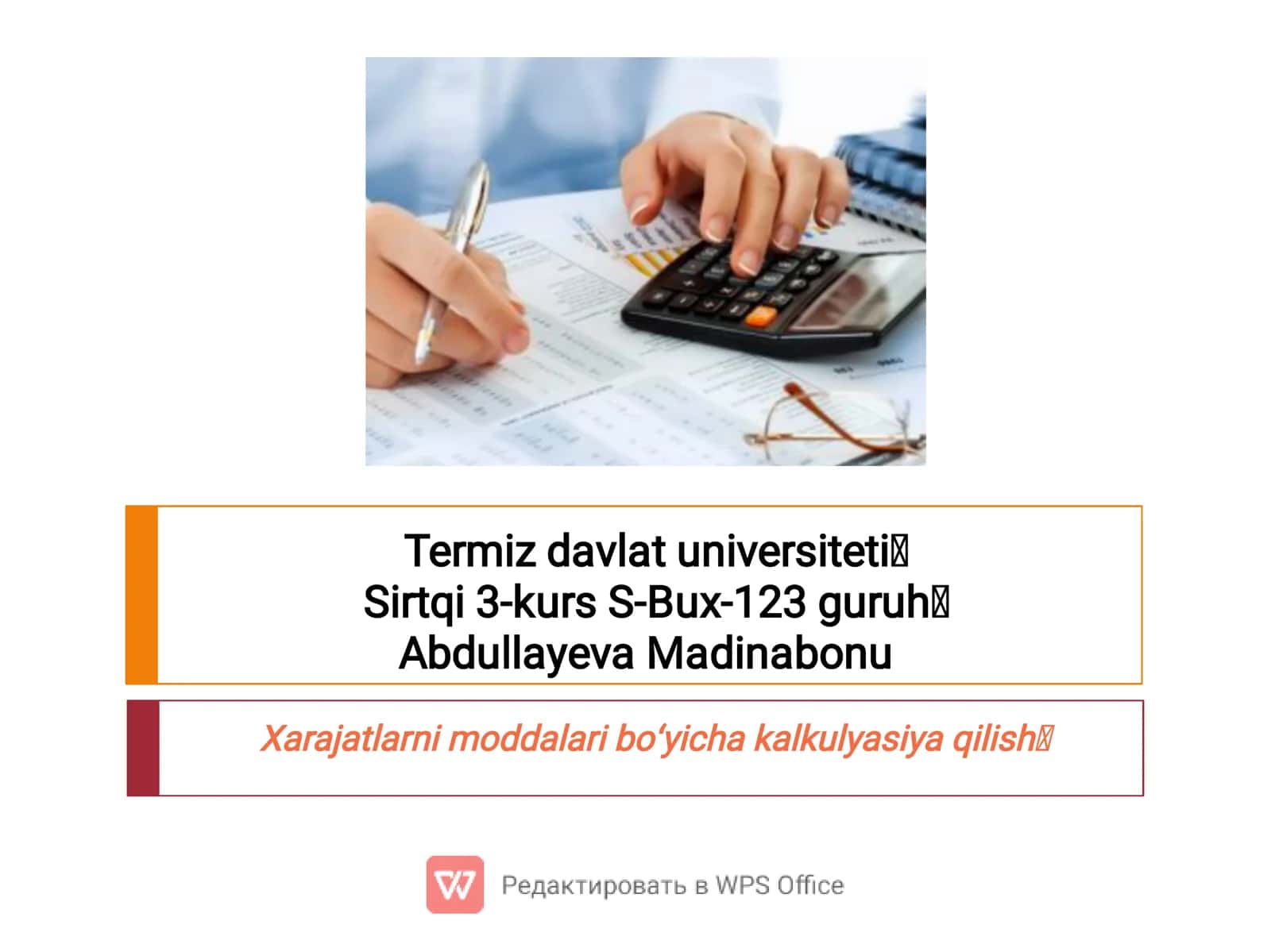 Xarajatlarni moddalari bo‘yicha kalkulyasiya qilish 1