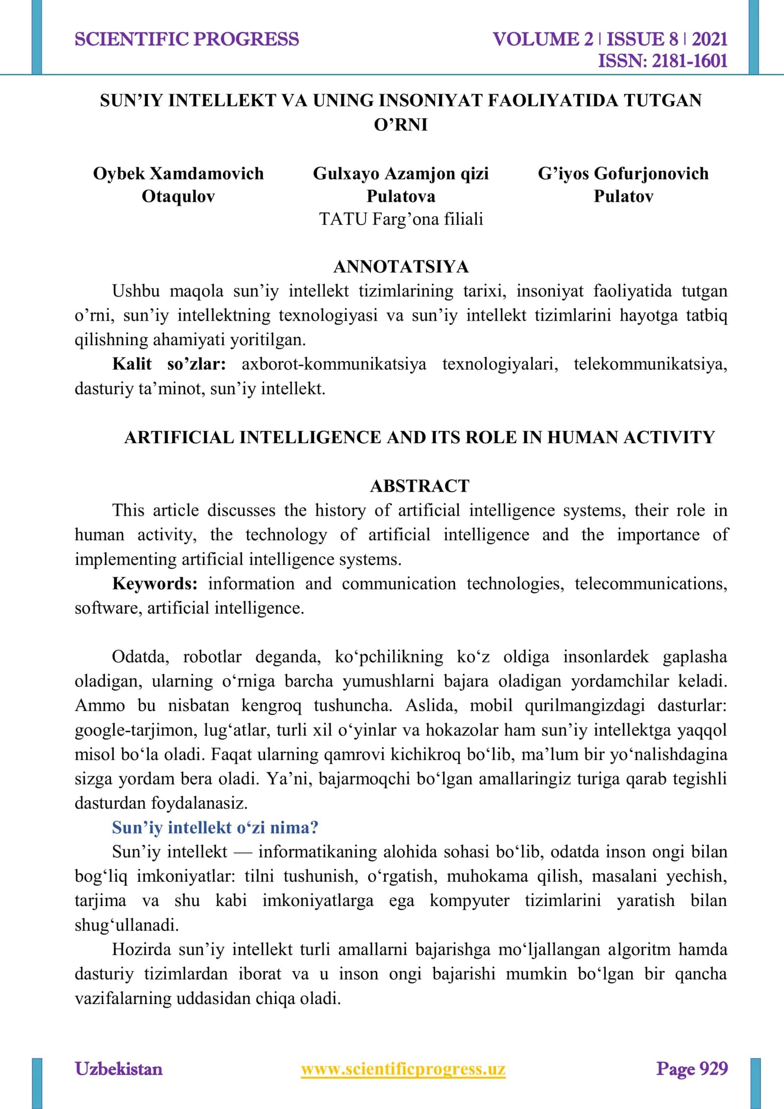 SUN’IY INTELLEKT VA UNING INSONIYAT FAOLIYATIDA TUTGAN O’RNI 1