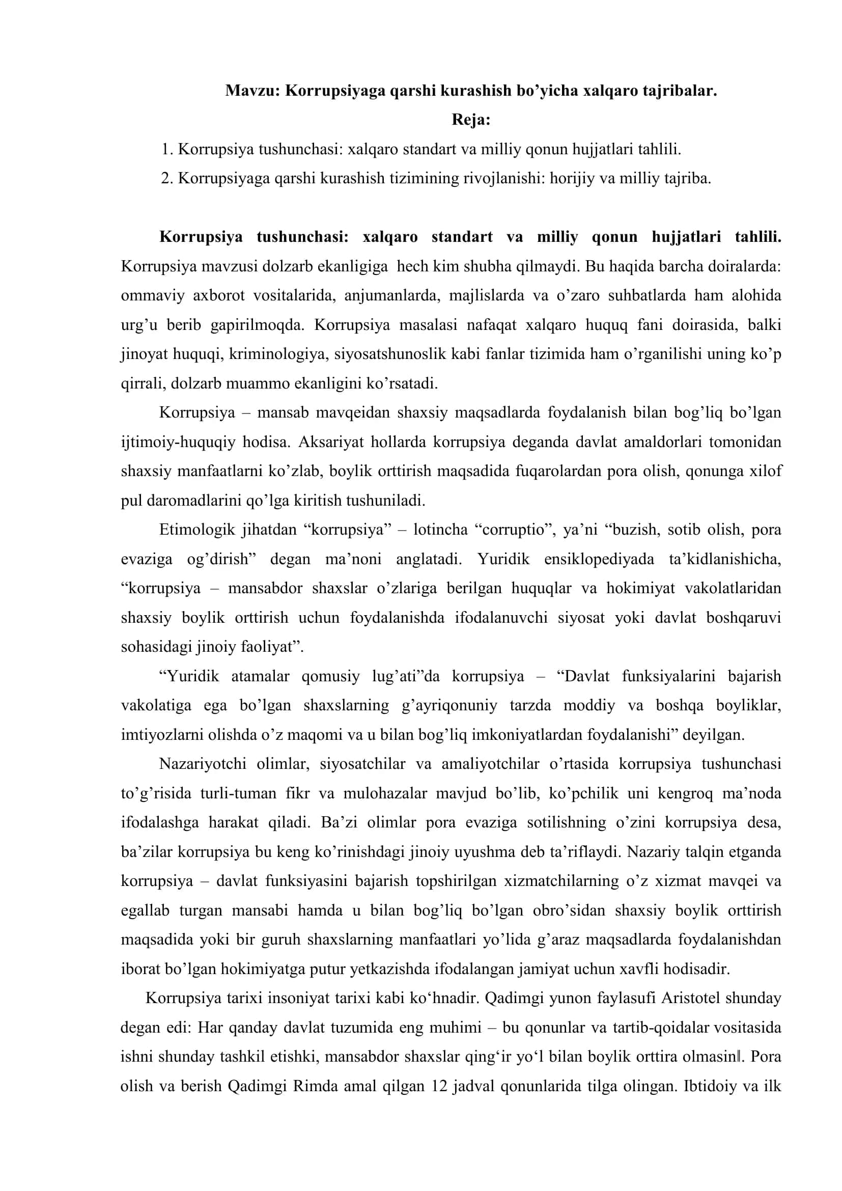 Korrupsiyaga qarshi kurashish bo’yicha xalqaro tajribalar 1