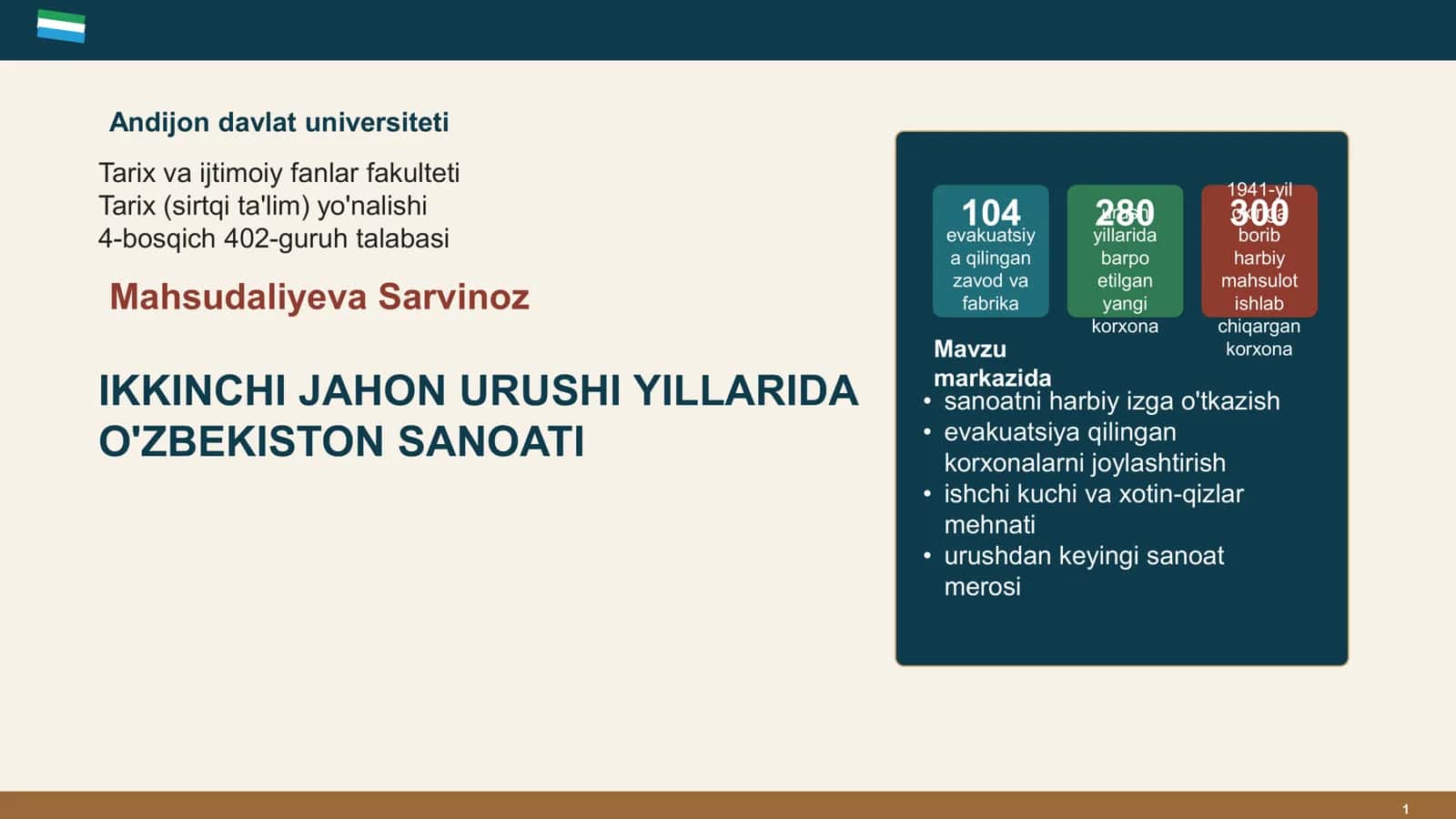 IKKINCHI JAHON URUSHI YILLARIDA O'ZBEKISTON SANOATI 1