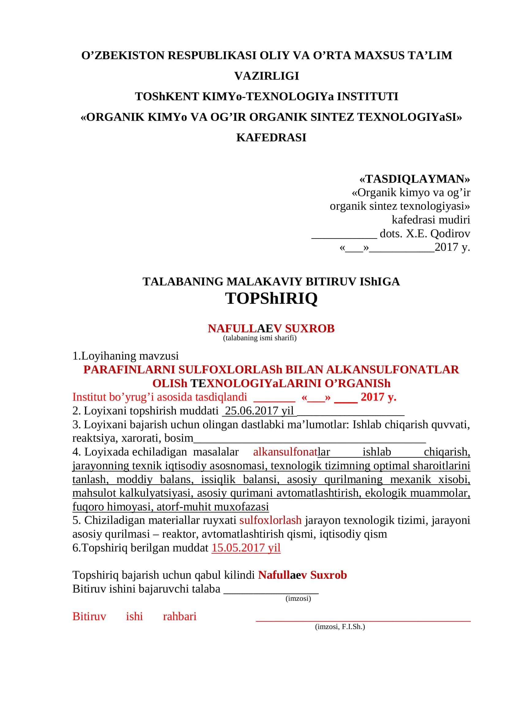PARAFINLARNI SULFOXLORLASh BILAN ALKANSULFONATLAR OLISh TEXNOLOGIYaLARINI O’RGANISh 1