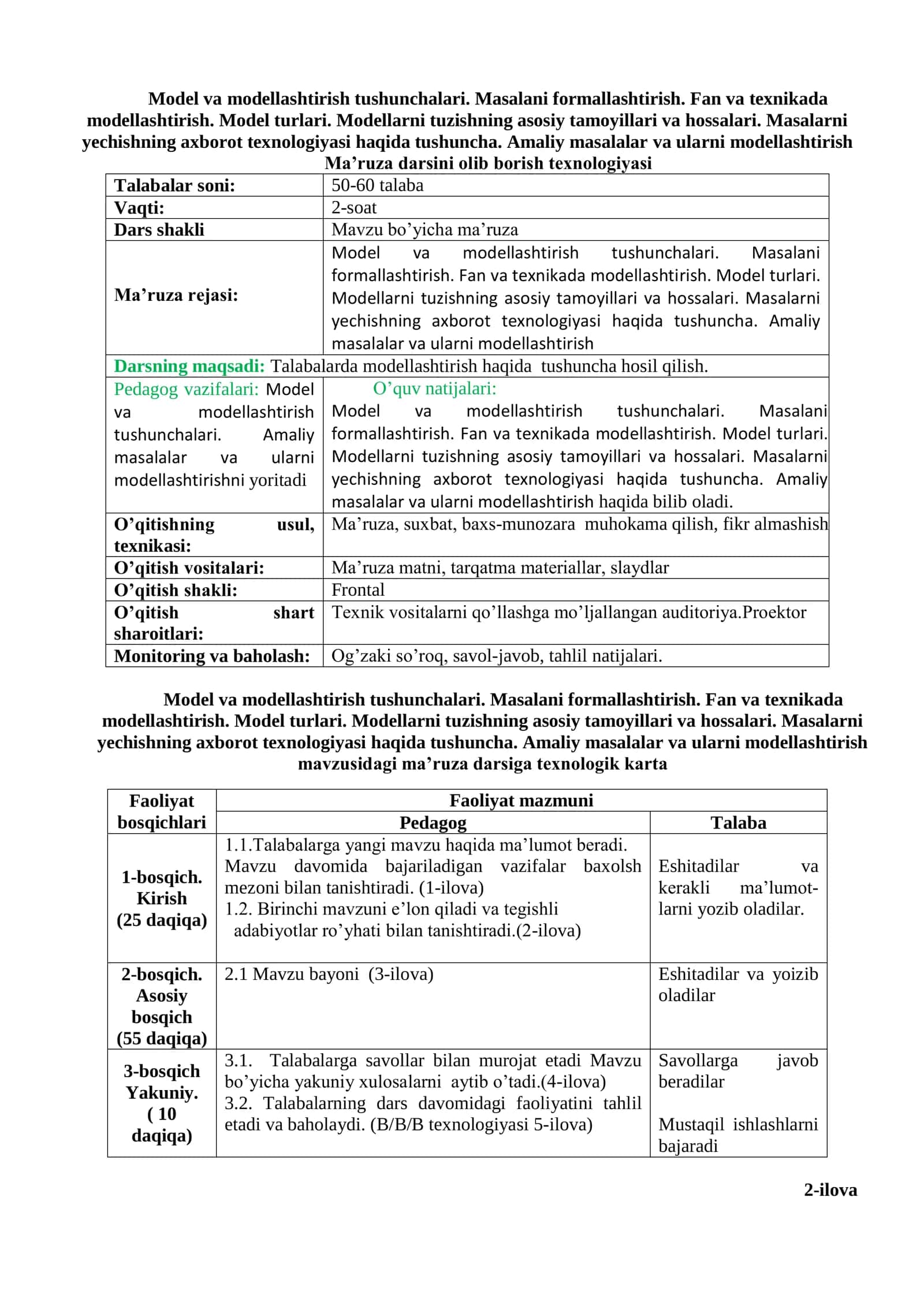 Model va modellashtirish tushunchalari. Masalani formallashtirish. Fan va texnikada modellashtirish. Model turlari. Modellarni tuzishning asosiy tamoyillari va hossalari. Masalarni yechishning axborot texnologiyasi haqida tushuncha. Amaliy masalalar va ularni modellashtirish 1
