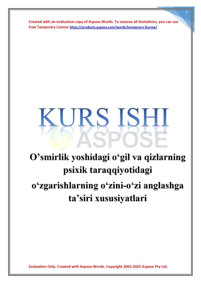 O'smirlik yoshidagi o‘gil va qizlarning psixik taraqqiyotidagi o‘zgarishlarning o‘zini-o‘zi anglashga ta’siri xususiyatlari 1