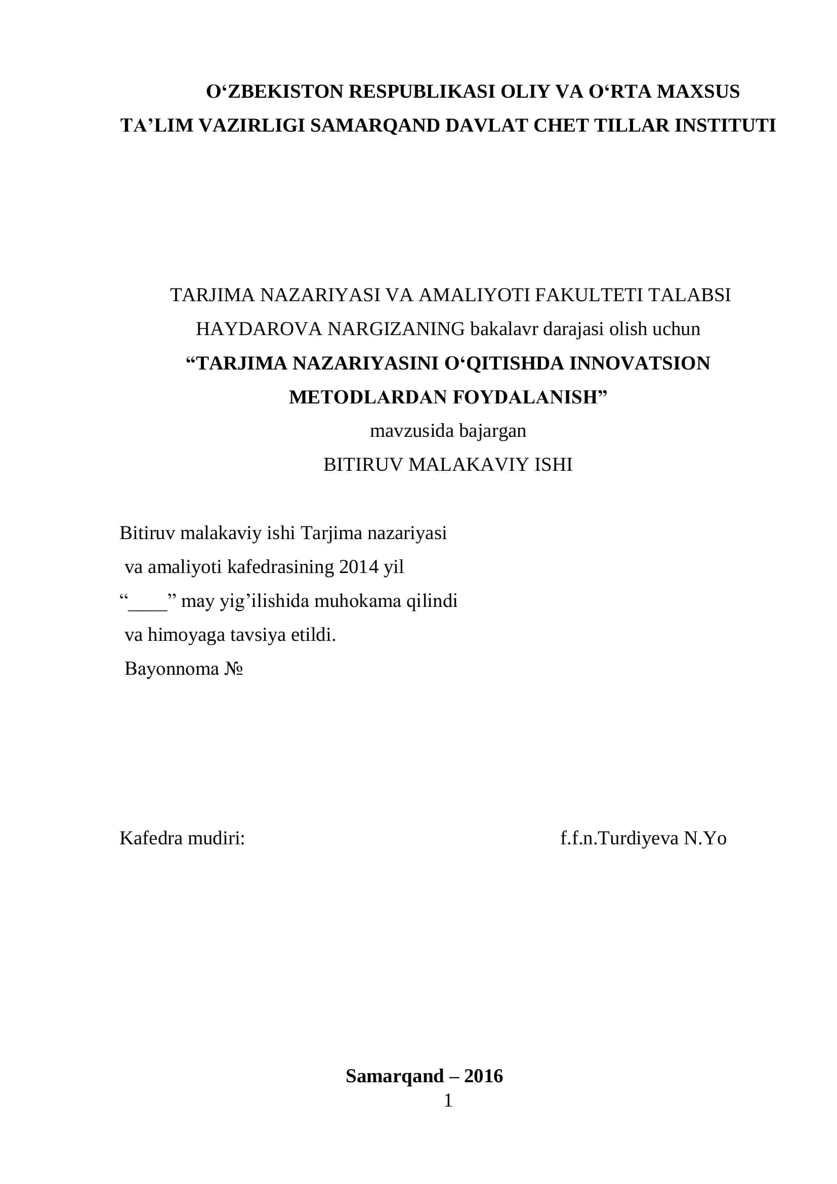 TARJIMA NAZARIYASINI O„QITISHDA INNOVATSION METODLARDAN FOYDALANISH 1