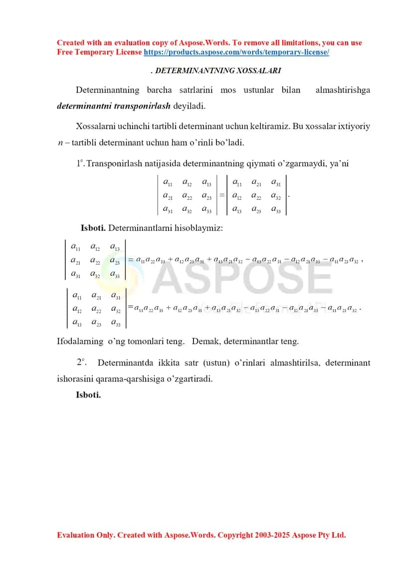 Determinantning xossalari 1