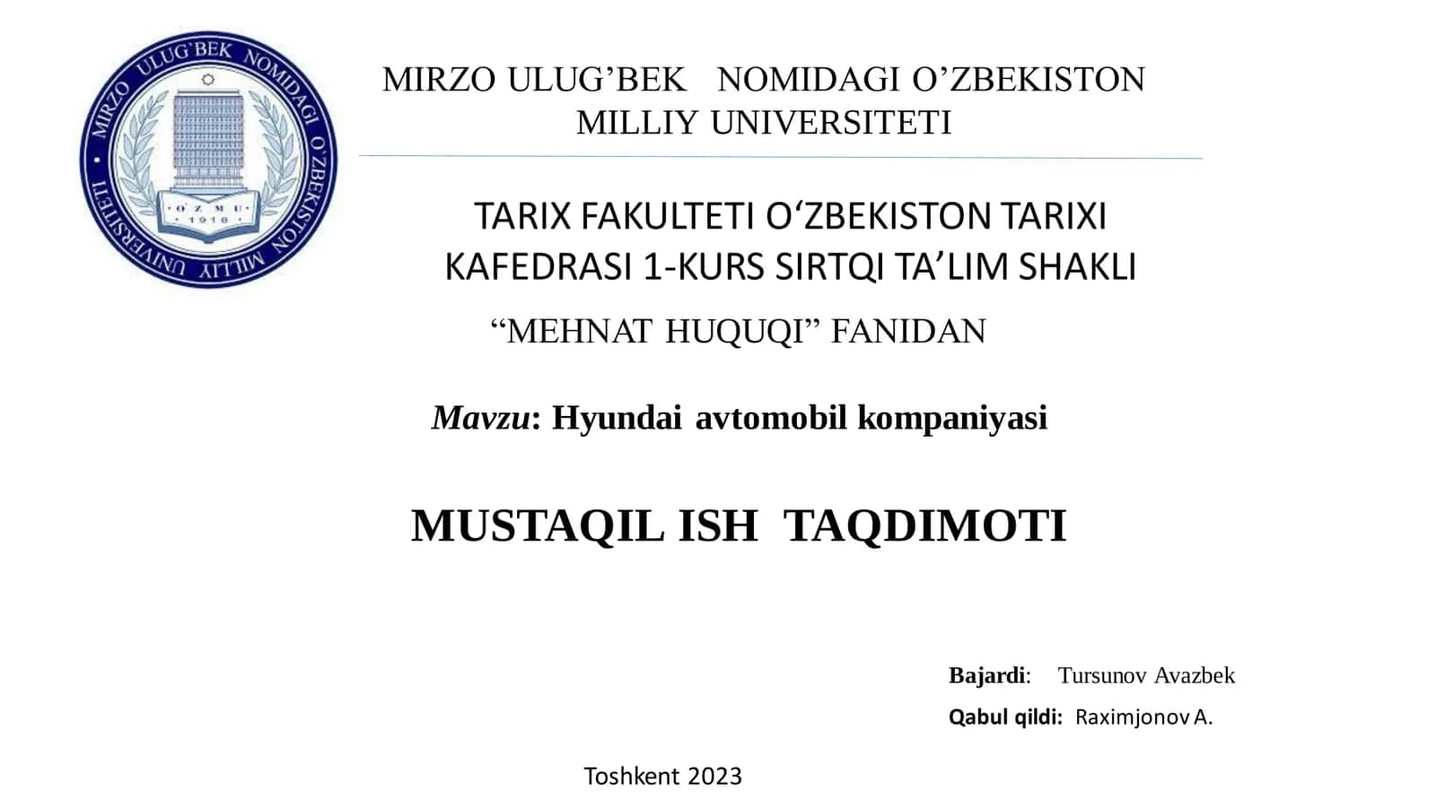 Hyundai avtomobil kompaniyasi MUSTAQIL ISH TAQDIMOTI 1