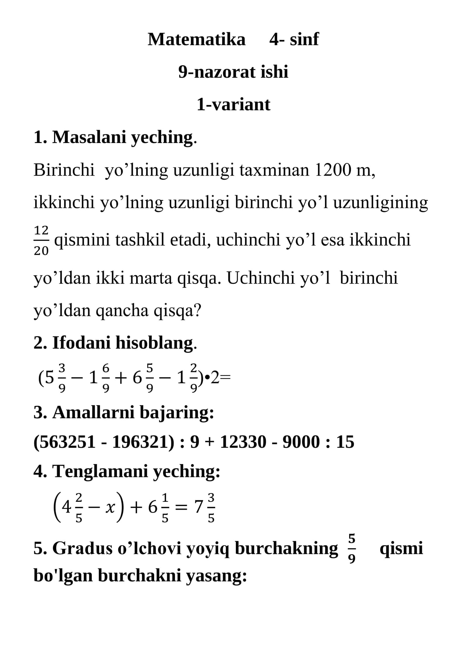 Matematika 4- sinf 9-nazorat ishi 1